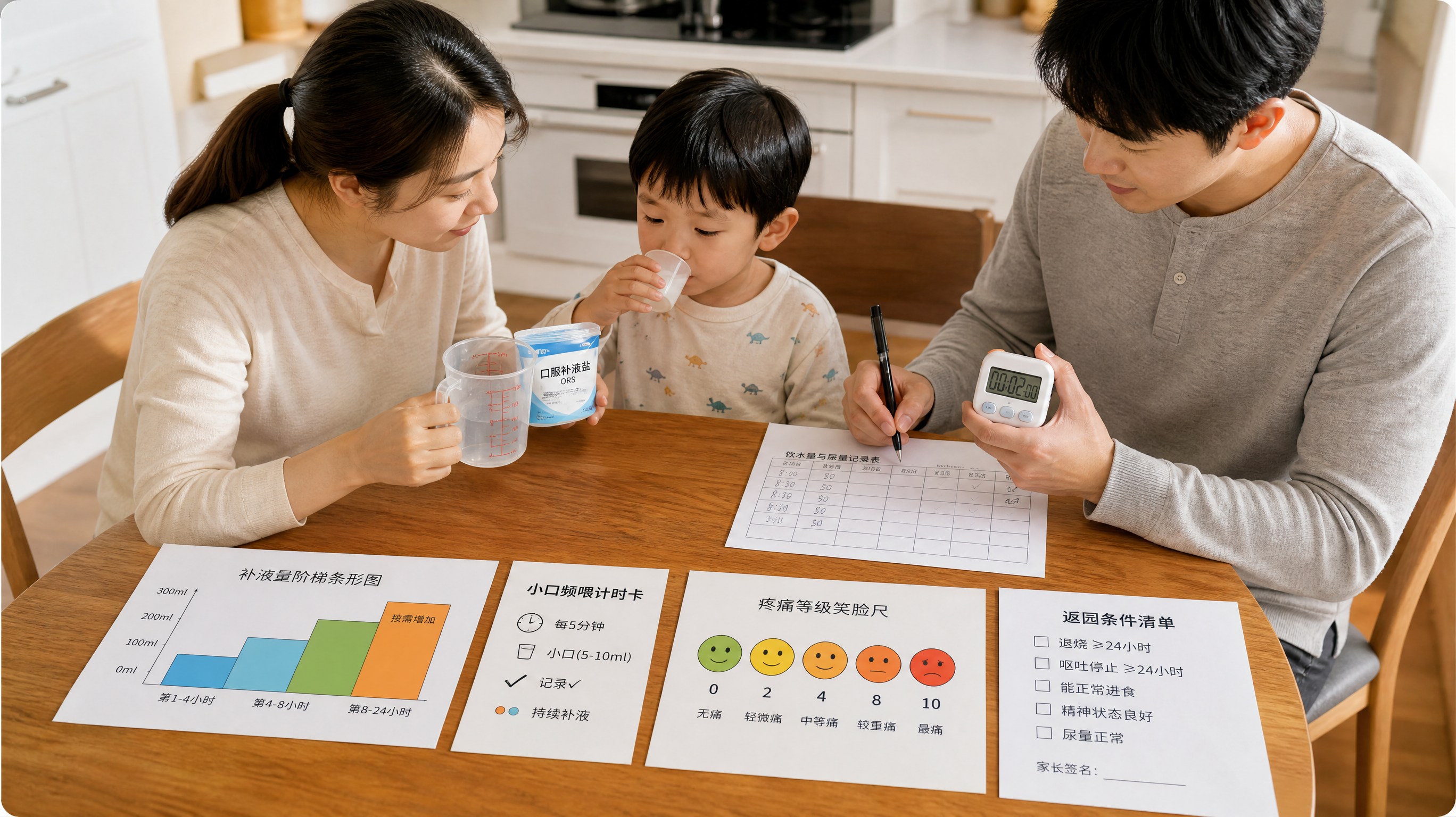 中国年轻父母在家中餐桌旁照顾一位中国幼儿，幼儿嘴巴不适但在小口喝补液，妈妈手持小量杯和口服补液盐杯子