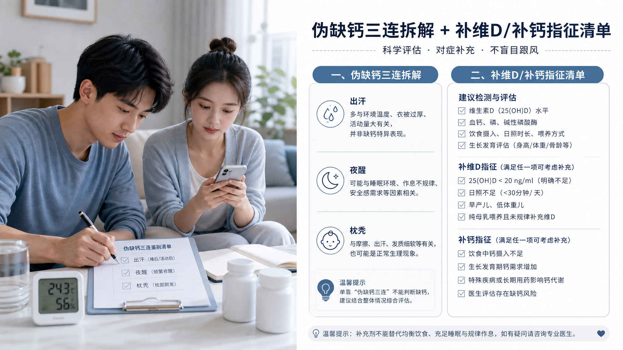 冷色系医学风信息图海报场景，中国年轻父母在家中客厅桌旁整理育儿记录表，桌面有温湿度计、记录本、简洁的