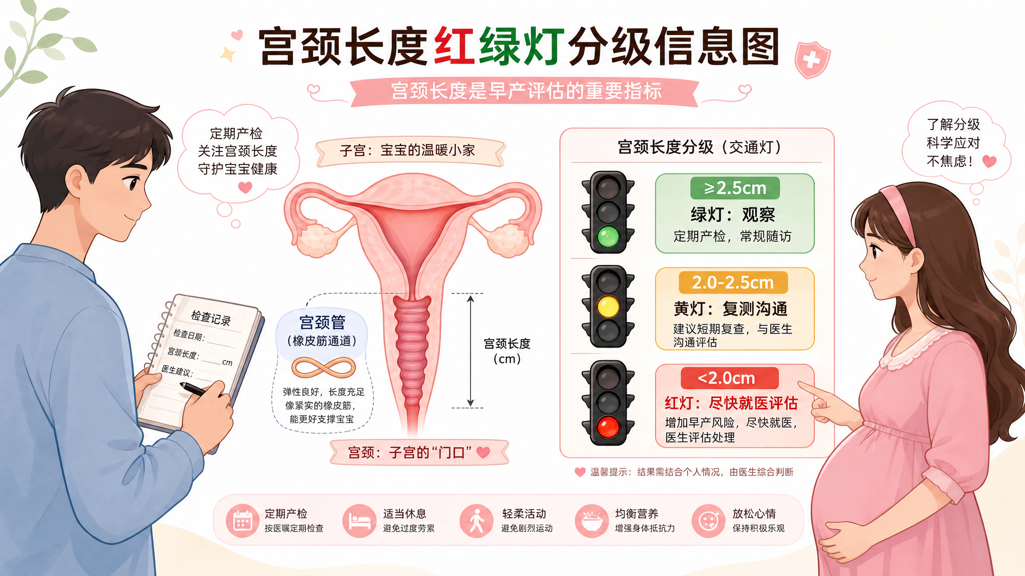 医学科普插画风格，画面主体为“宫颈长度红绿灯分级信息图”，中央是子宫与宫颈的简化示意图，将宫颈管比喻