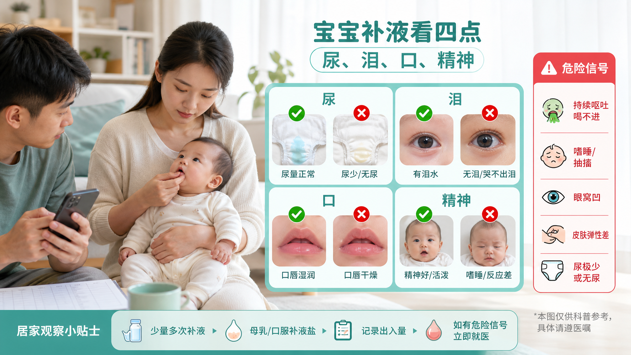 中国年轻父母在家中明亮整洁的客厅里照看0-1岁中国婴儿,妈妈抱着宝宝观察口唇湿润度,爸爸拿着手机记录