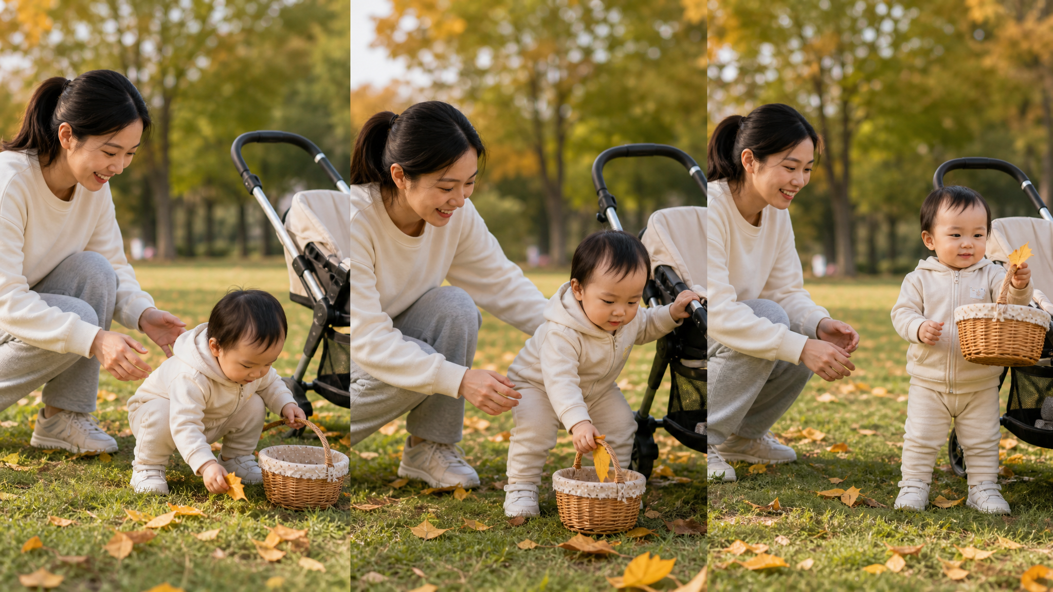 中国年轻妈妈在秋季公园平整草地上陪中国1-2岁学步期幼儿做蹲起练习，地面有少量金黄色落叶，幼儿双脚站