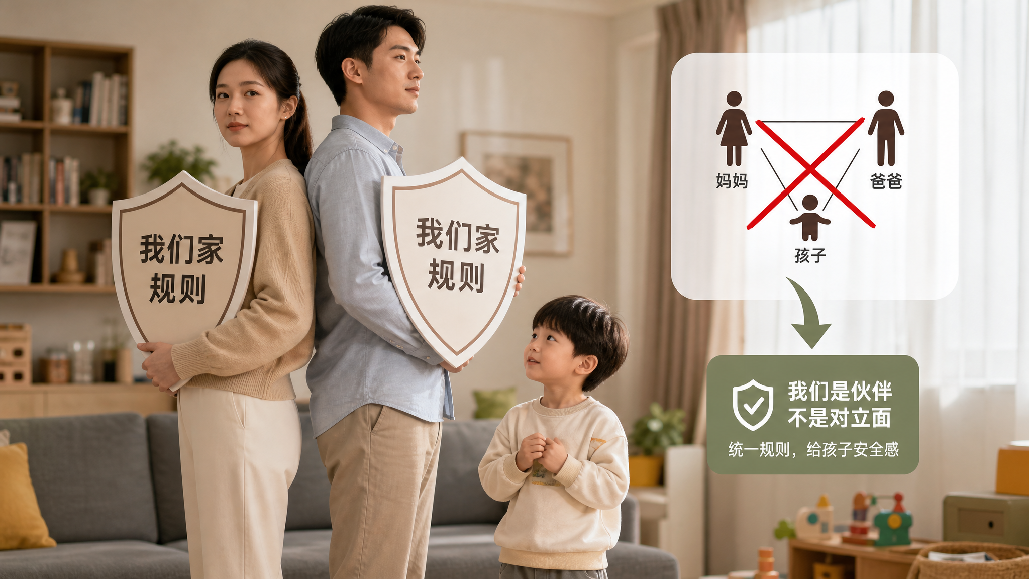 中国年轻夫妻在家庭客厅里背靠背站立，手持象征“规则与边界”的简洁盾牌，盾牌上有清晰的“我们家规则”字