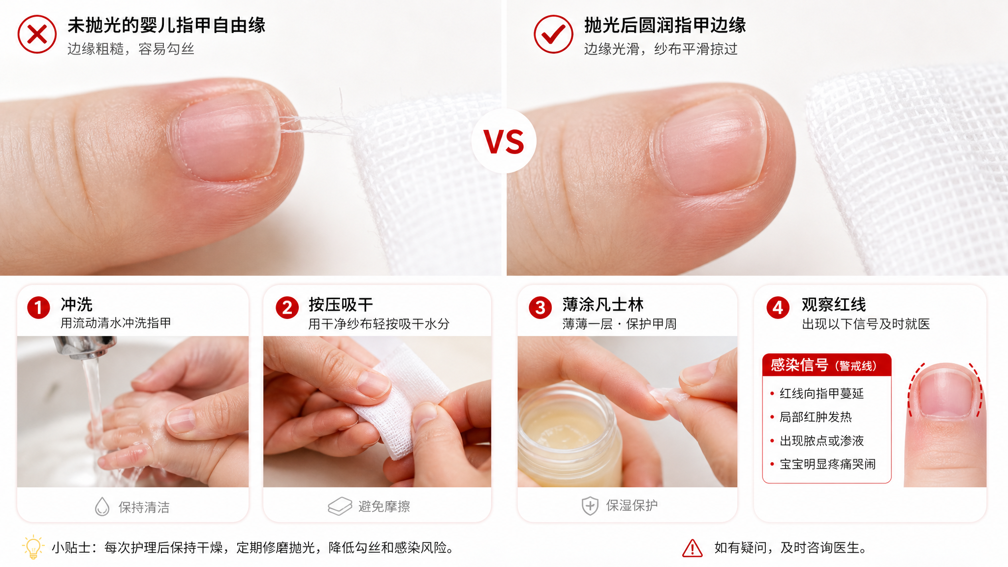 白底干净医疗科普风信息图场景,画面包含两部分对比与步骤示意:左侧为“未抛光的婴儿指甲自由缘”微距特写