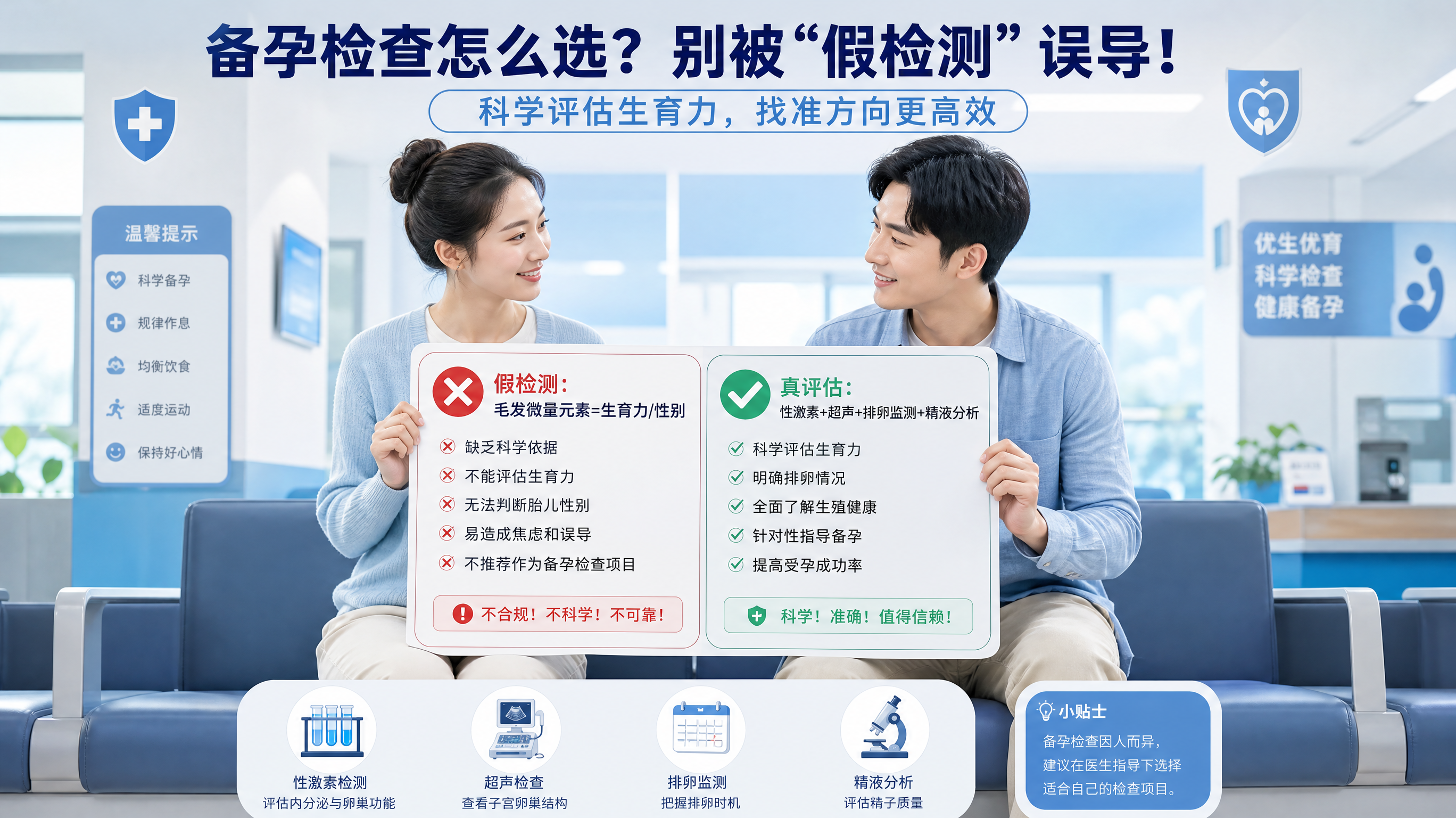 清单式科普海报场景，中国年轻夫妻坐在明亮的医院候诊区长椅上，手里拿着一张对比清单，清单左侧标题“假检