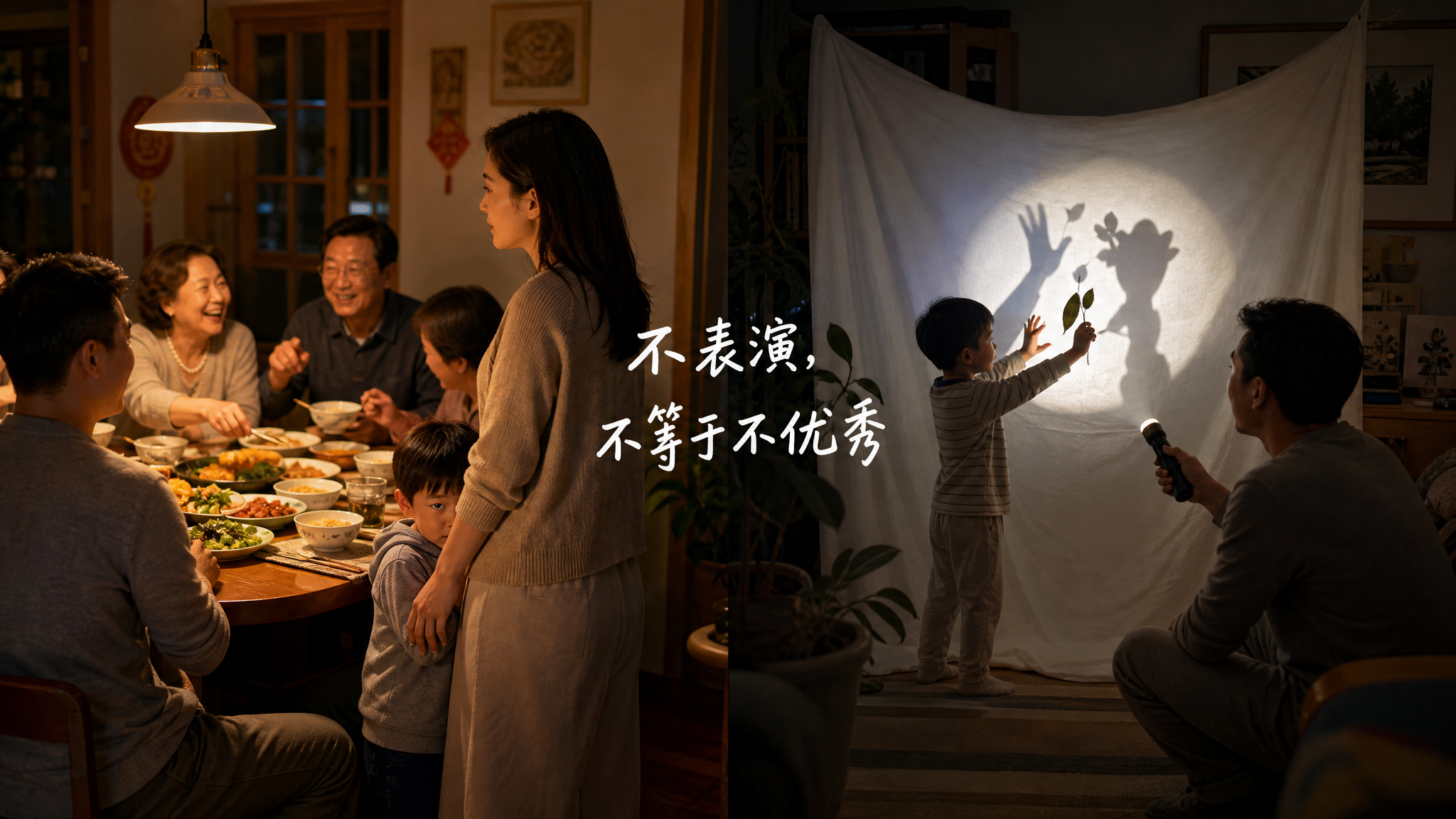 中国家庭场景对比构图，一半画面是热闹的家庭聚餐饭桌，亲戚们坐在桌旁笑着招呼，一个中国3-6岁小朋友轻