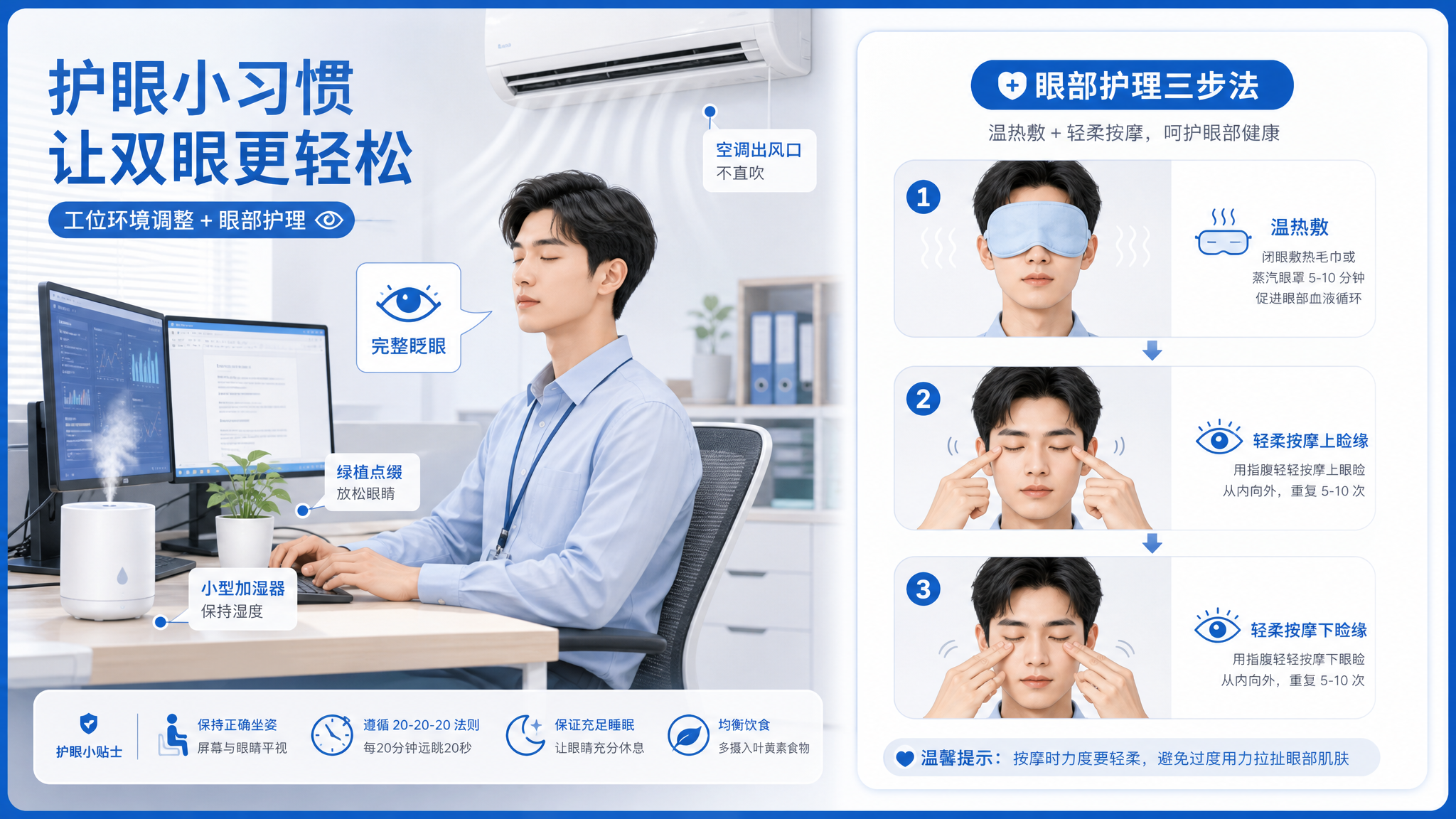 清爽蓝白医疗风信息卡插画风格，画面分为左右两栏：左侧为中国年轻白领在办公室工位前，双屏电脑、空调出风