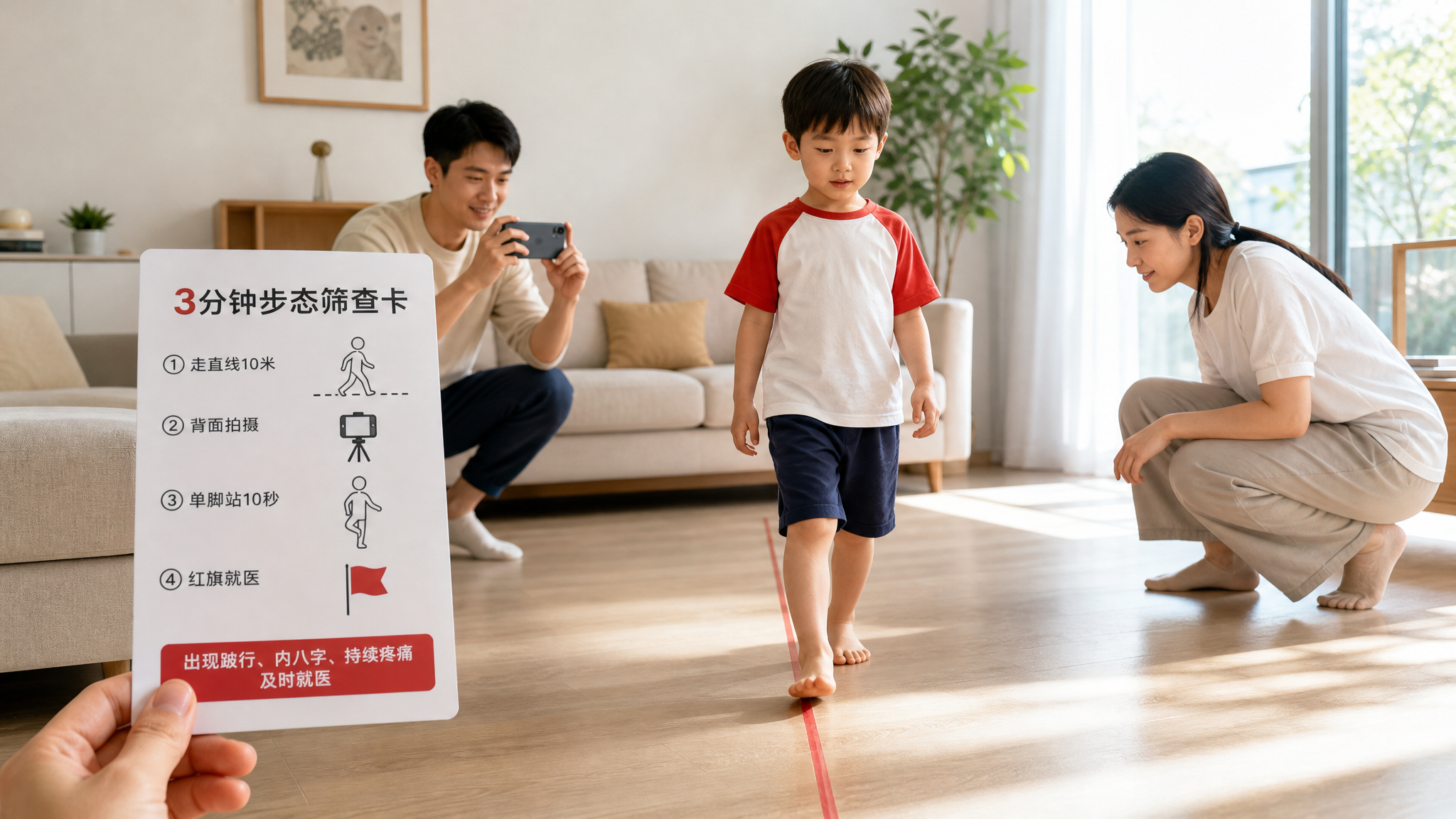 中国年轻父母在家中客厅为中国4-6岁儿童做步态筛查，孩子赤脚沿地面直线行走，爸爸在背后用手机拍摄视频