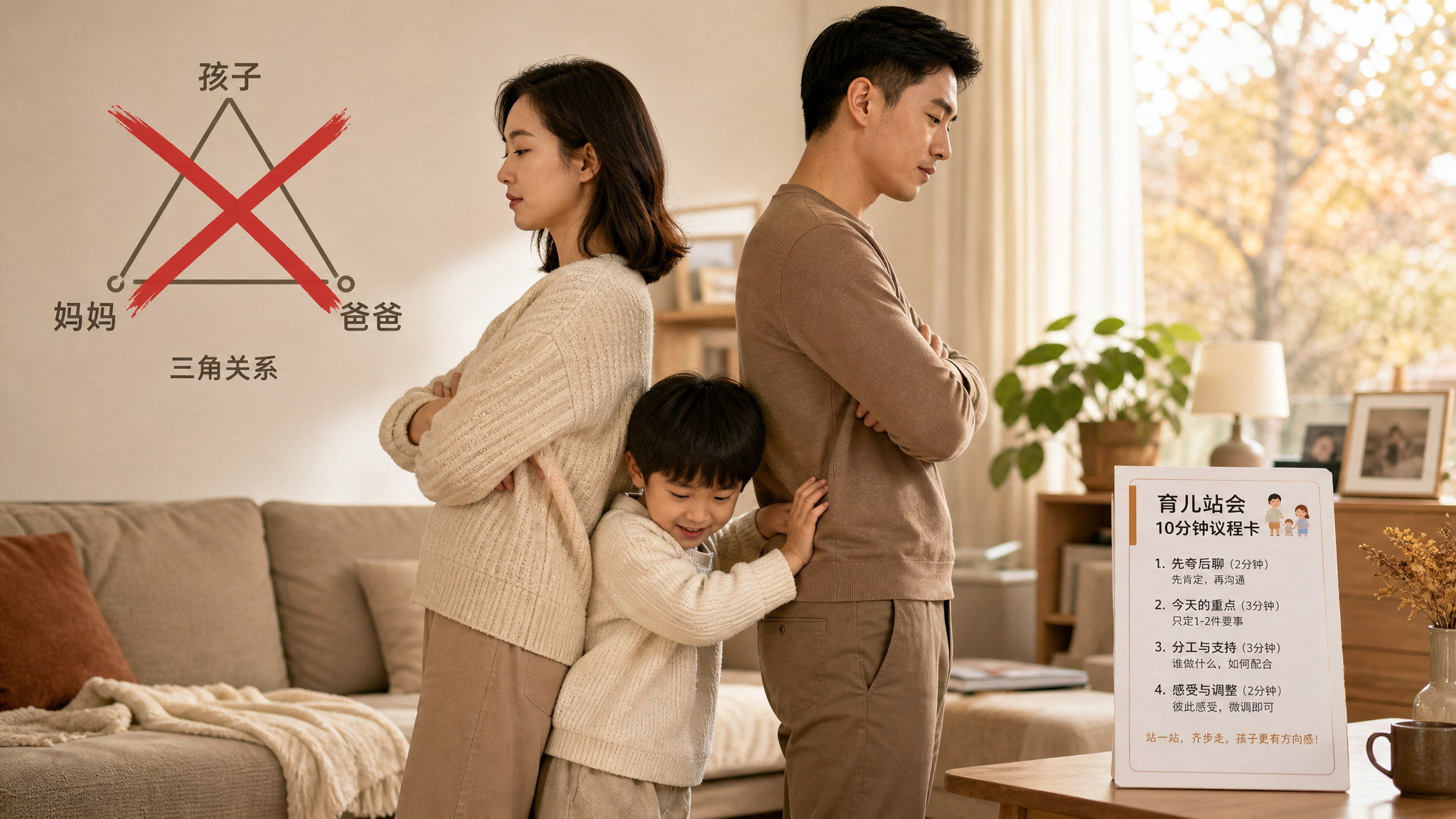 中国年轻夫妻在家庭客厅中背靠背站立，像两面盾牌形成保护墙，前方是一个中国学龄前儿童试图从两人中间“钻
