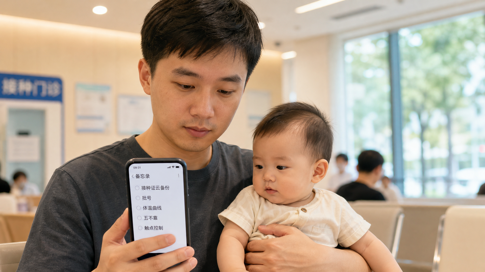 年轻爸爸在社区点位的等候区,单手抱着婴幼儿,另一只手拿手机在备忘录里记录“资料册云备份、