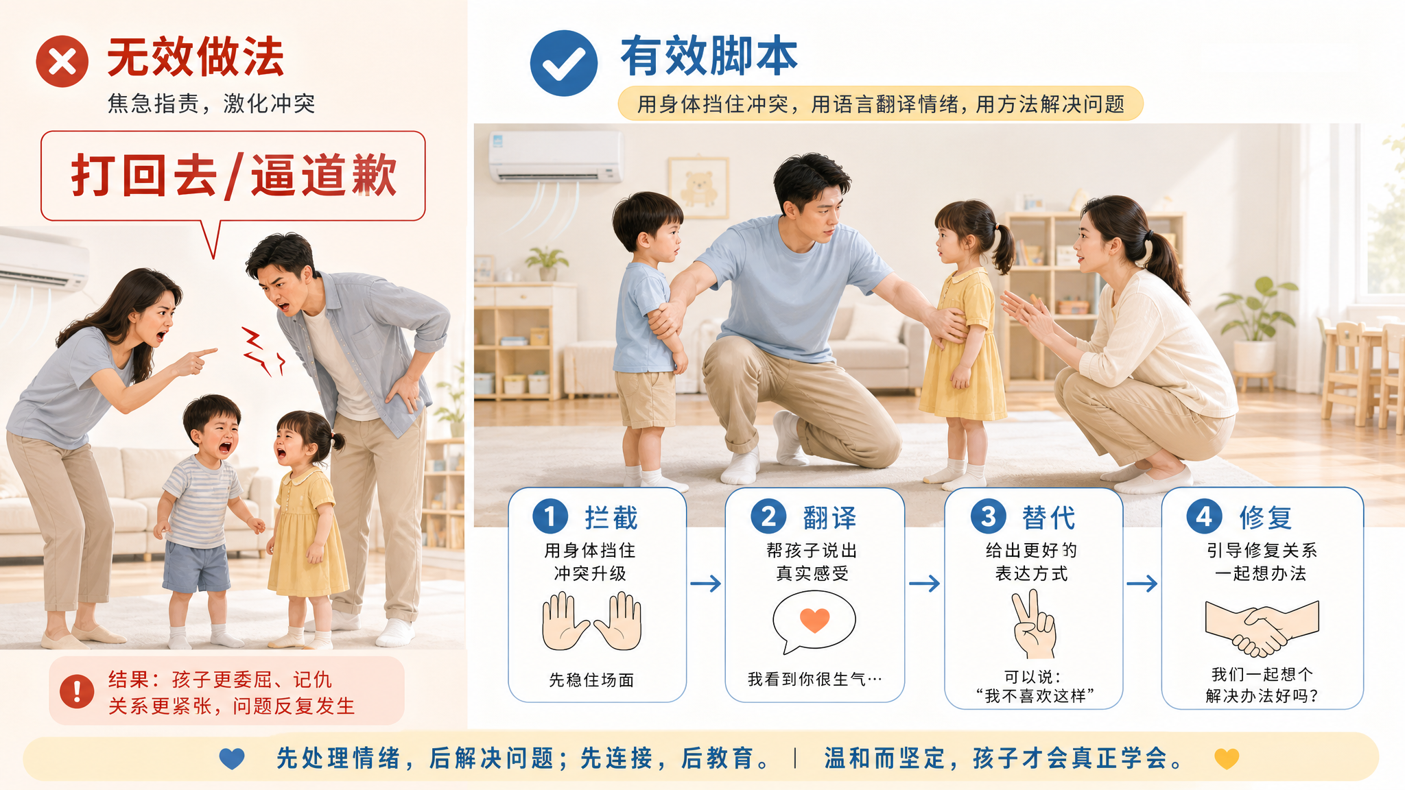 竖版对比信息图风格画面，画面分为左右两栏；左栏展示“无效做法”：中国年轻父母在室内空调房环境中焦急指