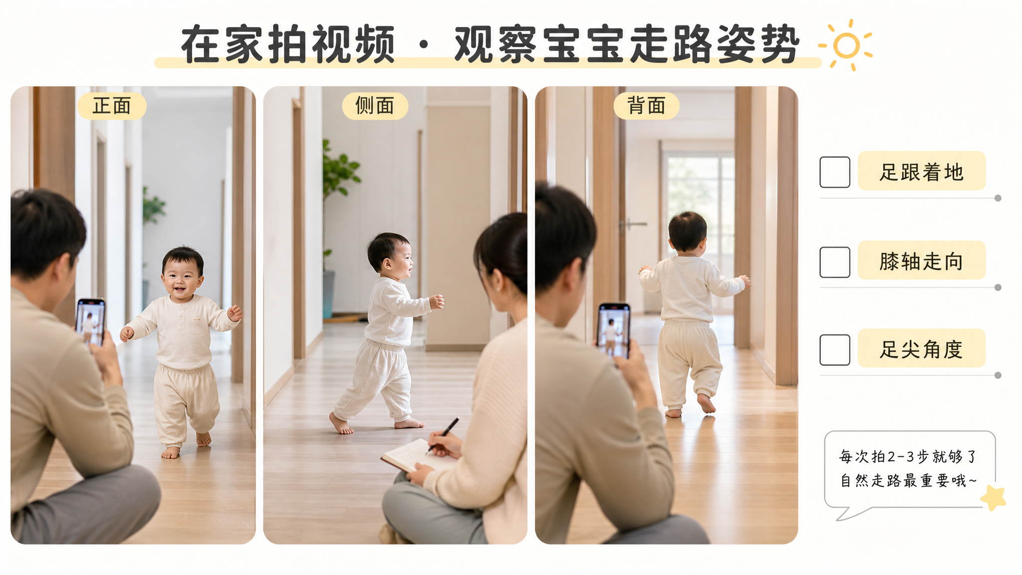 明亮整洁的家庭走廊场景，中国年轻父母在家用手机给1-3岁中国幼儿拍走路视频，画面分屏三格构图（正面、
