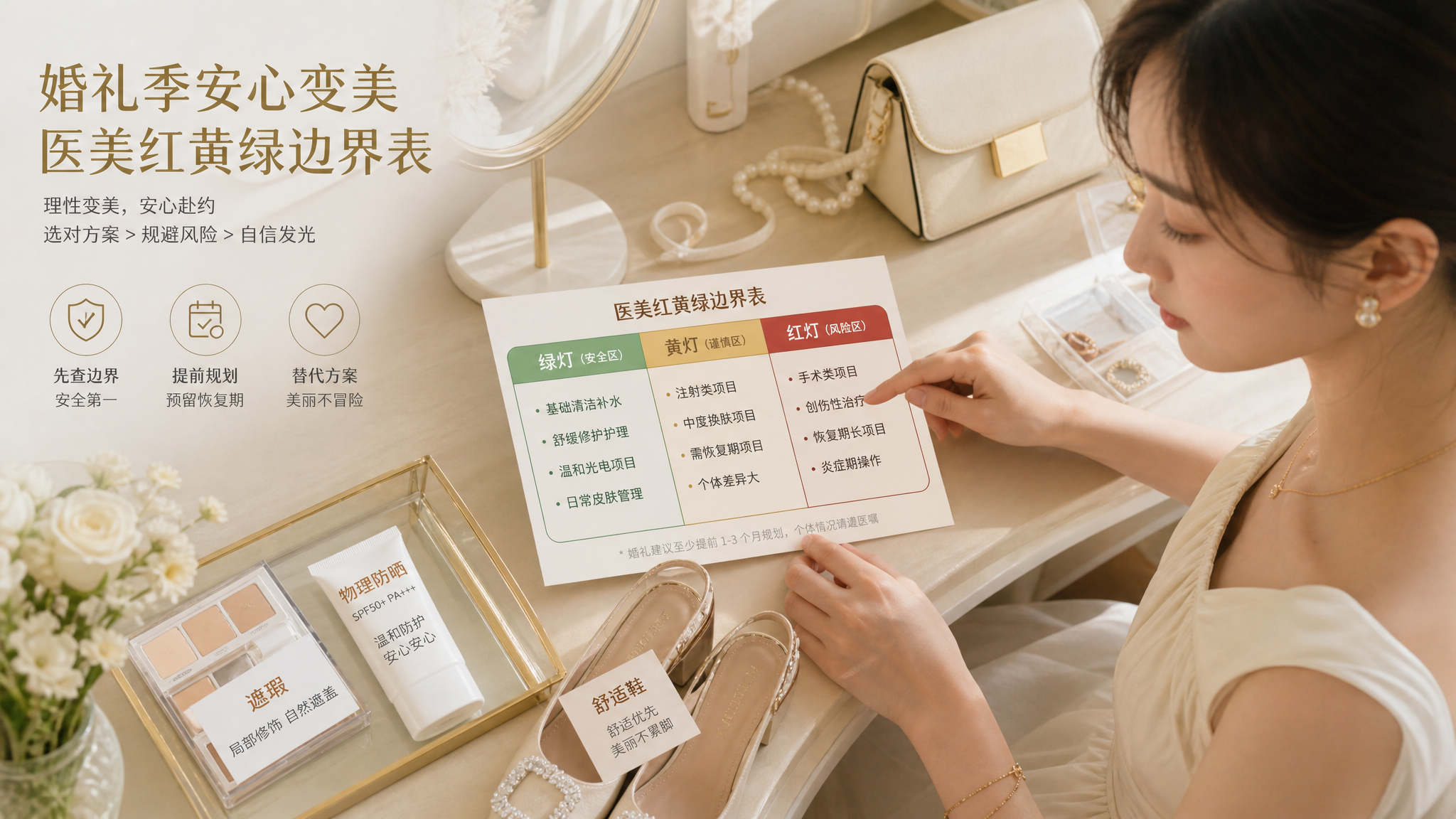 香槟金与奶油白配色的高级信息图海报风格画面,中国年轻女性在梳妆台前整理参加婚礼的物品,桌面摆放“医美