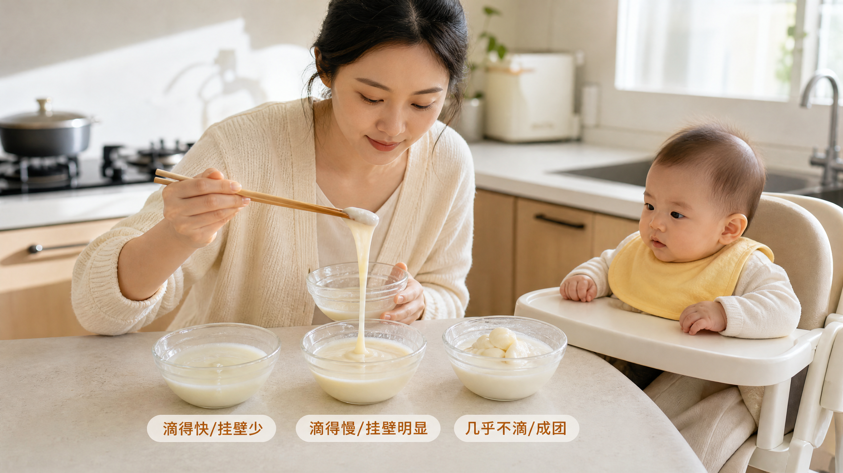 中国年轻妈妈在家庭厨房操作台前，用筷子从小碗中提起米粉/泥糊做稠度测试，画面中并排放置三只透明小碗分