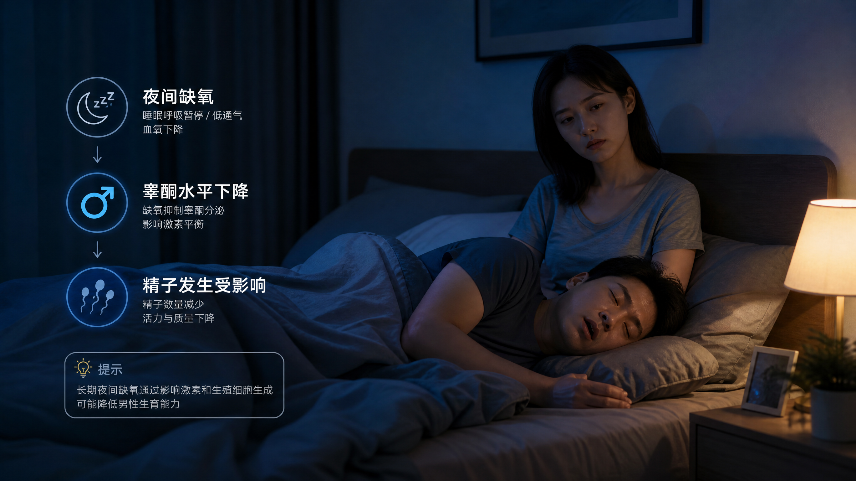 深蓝色夜晚卧室场景,中国年轻夫妻在床上,丈夫侧躺睡觉但面部表情略显呼吸不畅,妻子半坐起带疲惫表情看向