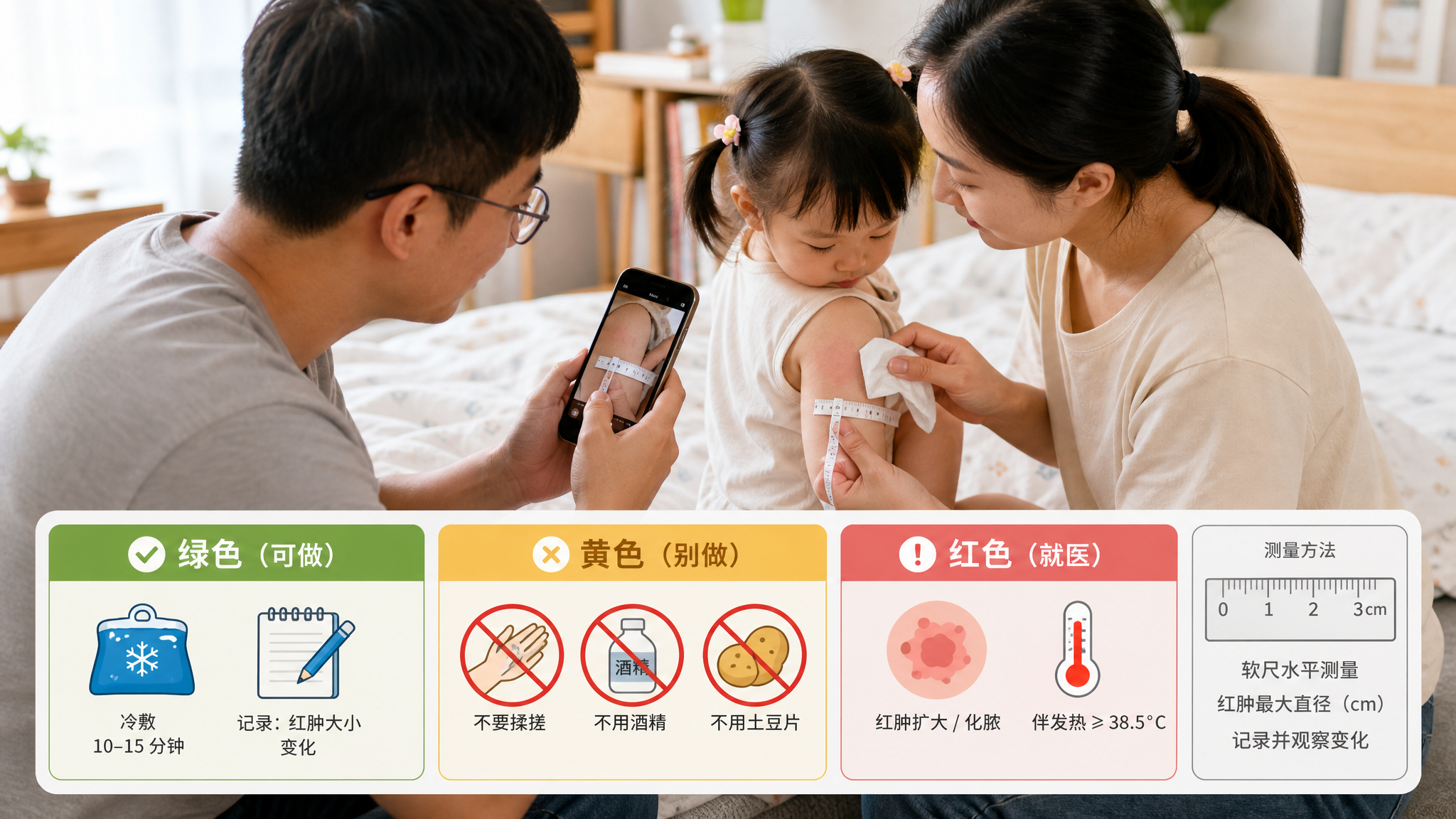 中国年轻父母在家中明亮卧室/客厅环境里照顾1-3岁中国幼儿，妈妈用干净毛巾轻轻蘸干孩子上臂接种部位，
