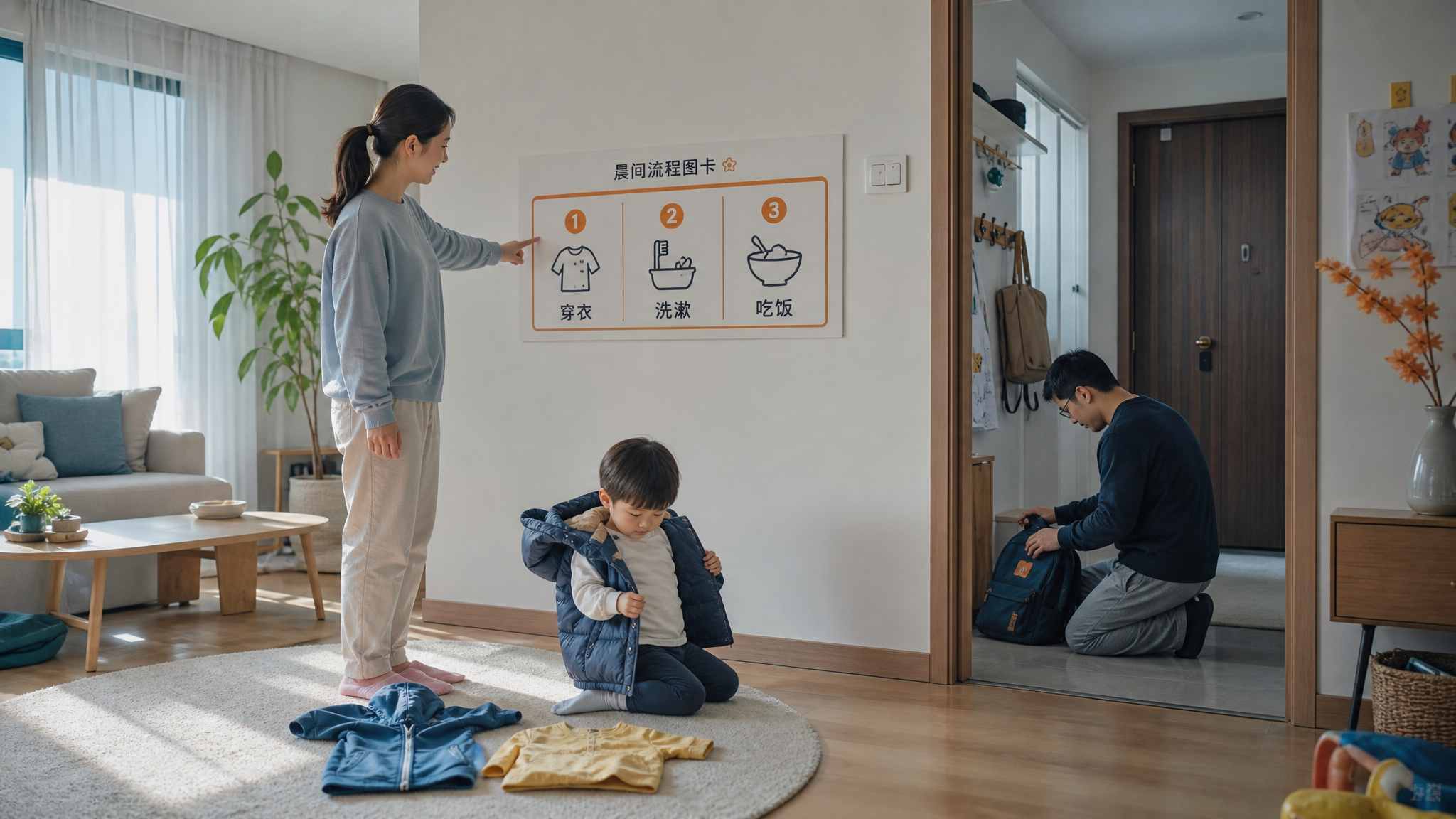 中国家庭清晨场景，客厅与玄关连通，墙上贴着简洁的“晨间流程图卡”（穿衣、洗漱、吃饭三步，图标清晰），