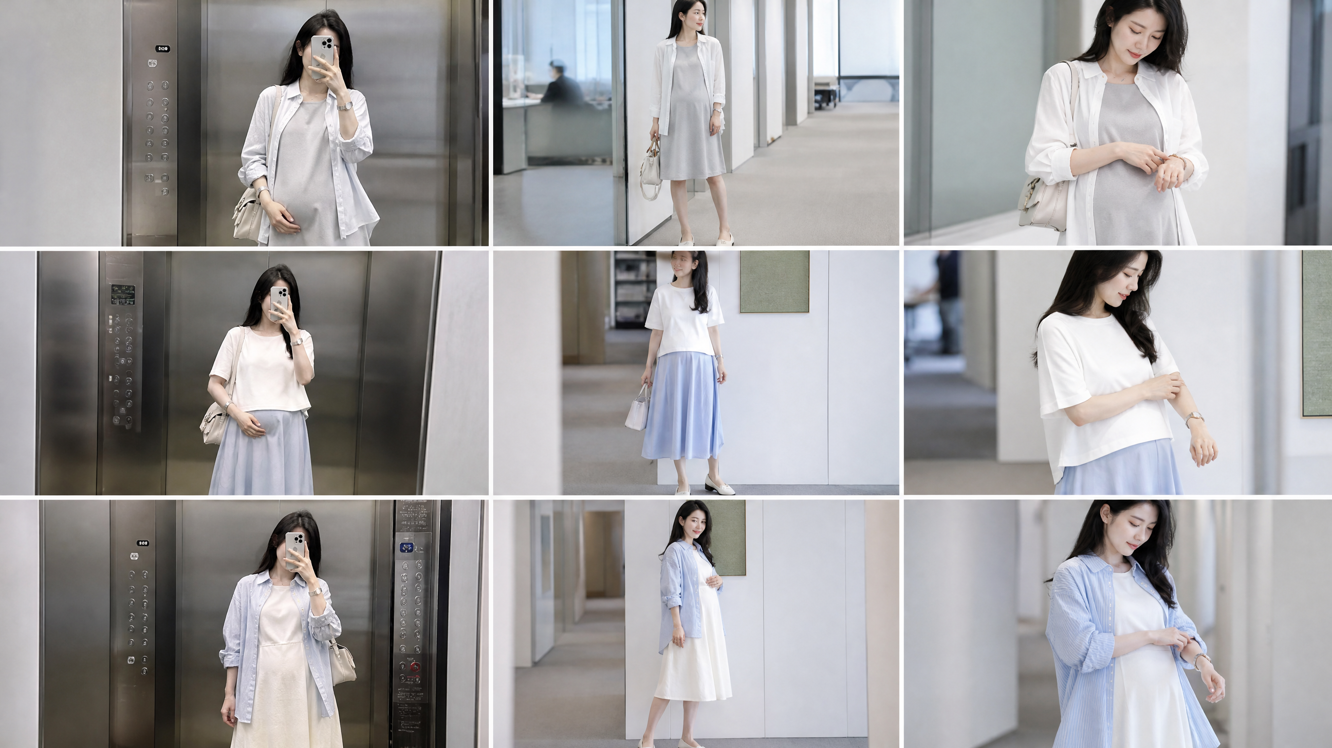 中国孕期女性在夏季城市通勤场景中拍摄九宫格OOTD对比图，地点包含电梯镜子与明亮办公室走廊；人物穿三