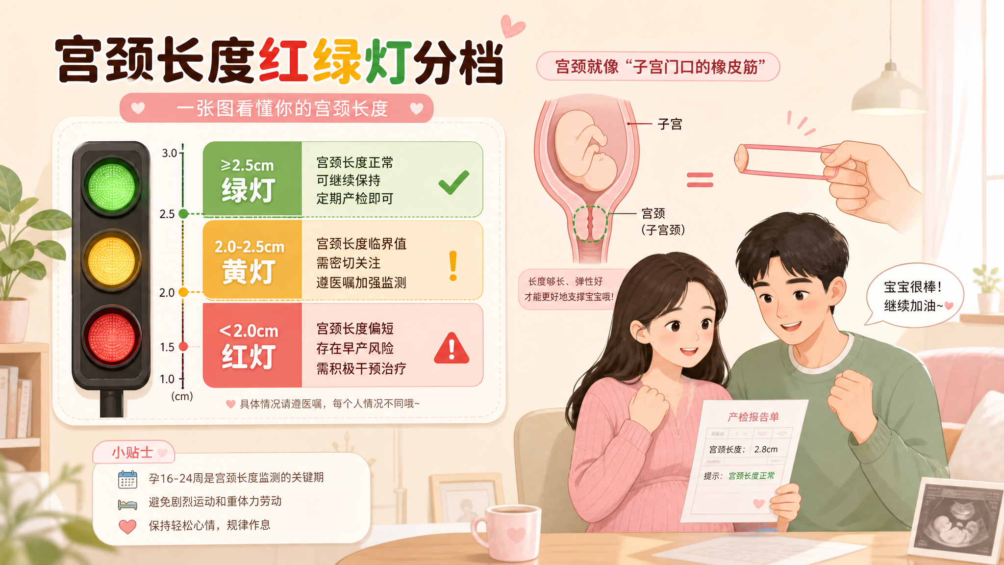 医疗科普插画风格的竖版信息图，画面主体为“宫颈长度红绿灯分档”图表，采用清晰的红黄绿三段色块与刻度（
