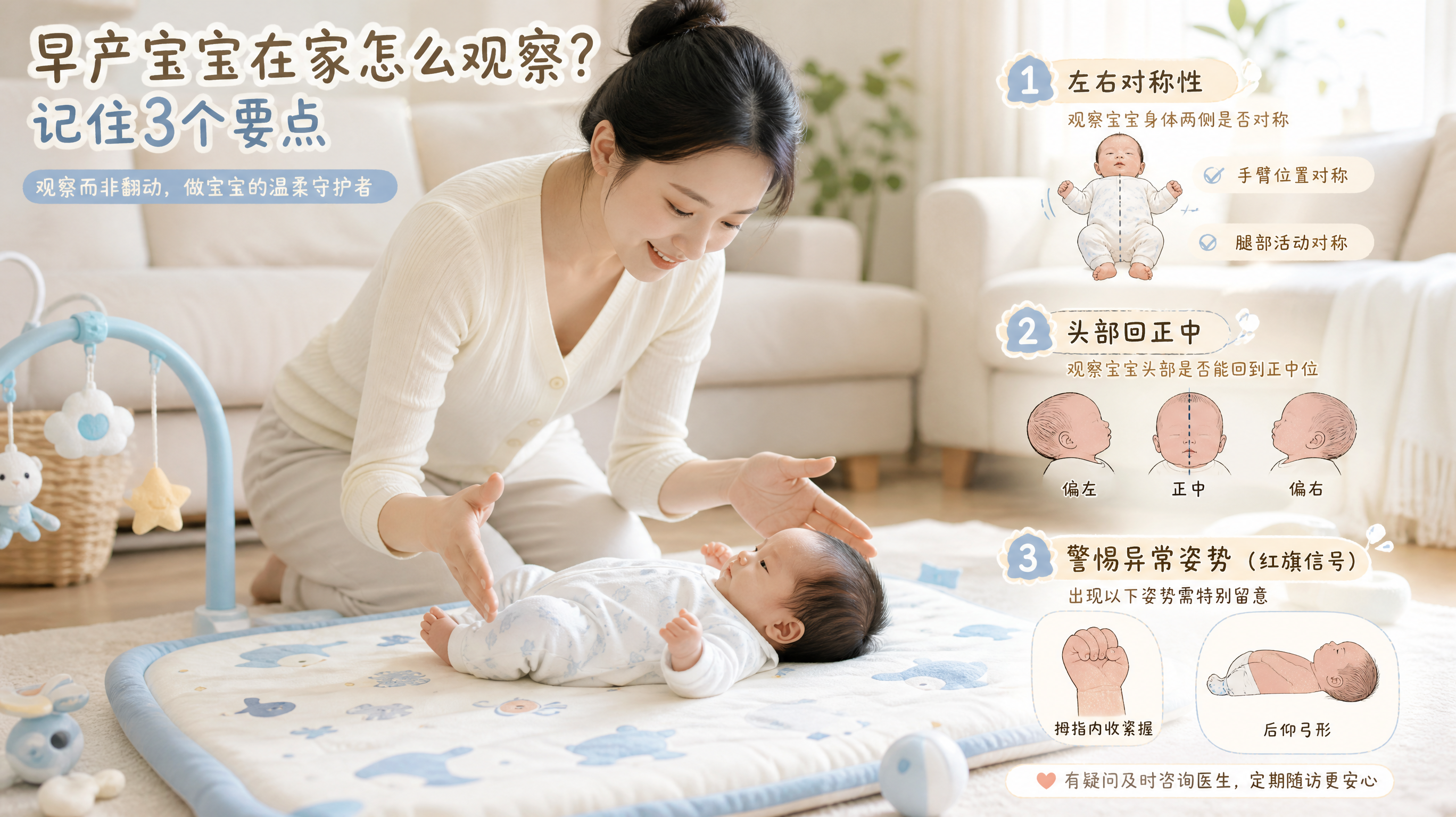 中国年轻妈妈在家中明亮客厅里，轻轻把中国早产儿宝宝平躺在柔软婴儿垫上，妈妈用温柔的手势做“观察而非翻