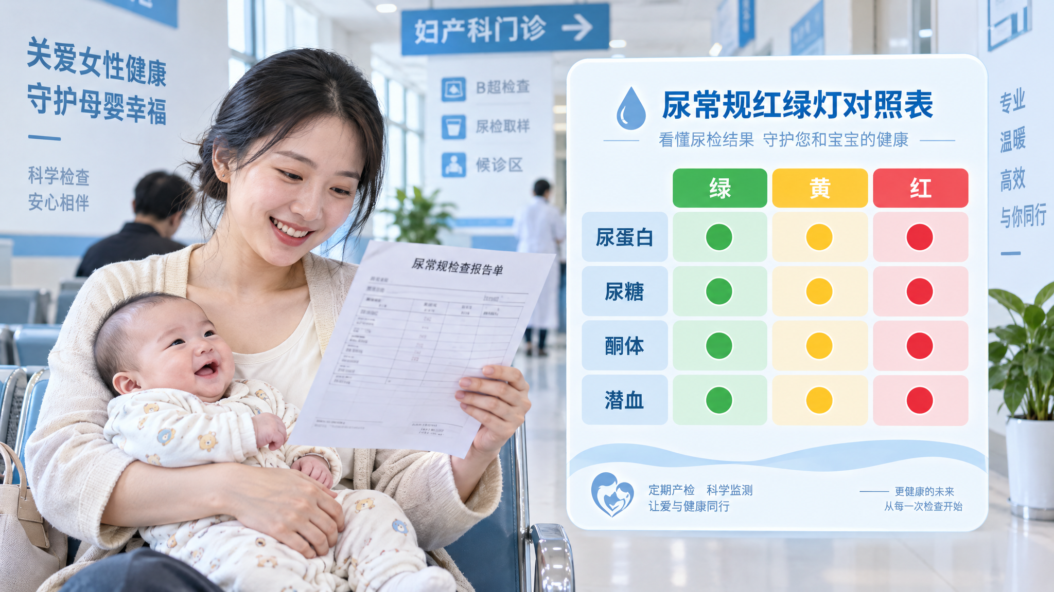 医院体检区场景，中国年轻产后妈妈抱着婴儿坐在候诊区长椅上，手里拿着尿常规报告单，表情从焦虑到逐渐放松