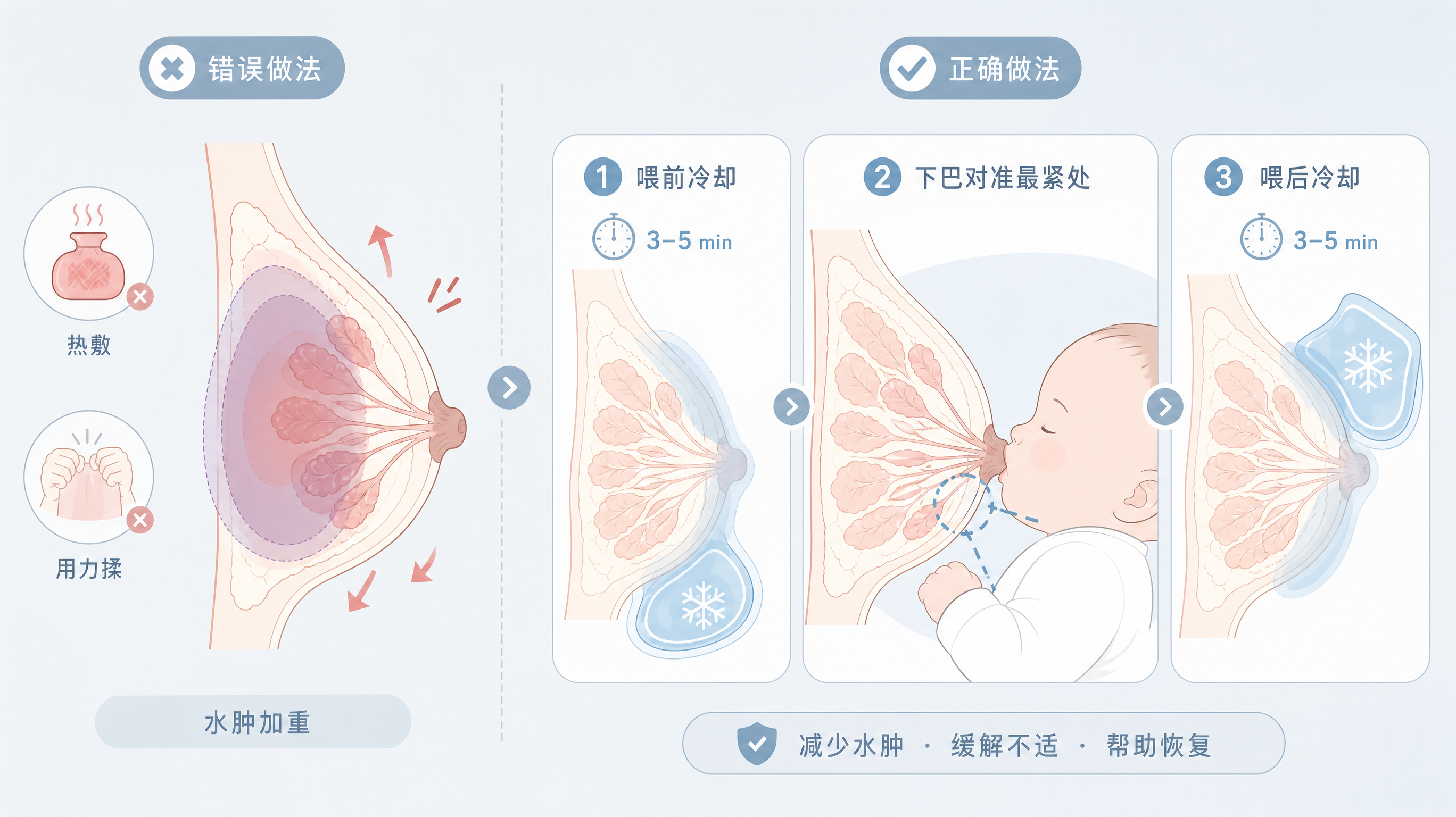 医用极简风信息插画，画面分左右对比：左侧为“热敷/用力揉导致水肿加重”的示意，右侧为“喂前短时冷却+