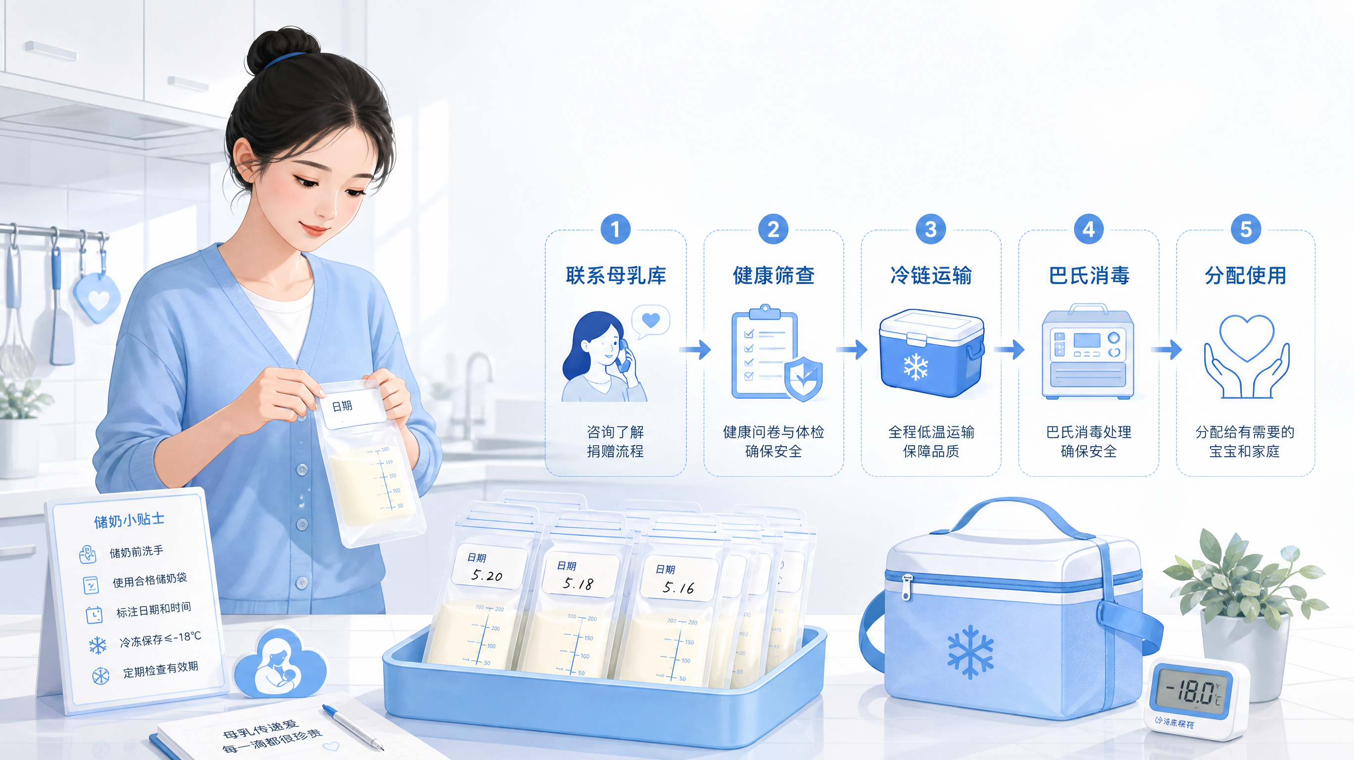 蓝白医疗科普风插画海报,中国年轻妈妈在干净明亮的厨房台面前整理储奶袋并贴日期标签,旁边有简洁流程图元