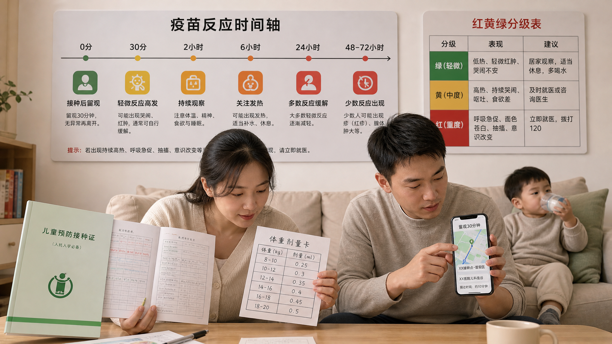 中国年轻父母在家中客厅,妈妈拿着接种本与手写“体重剂量卡”对照记录,爸爸在手机上设置留观与急诊路线,