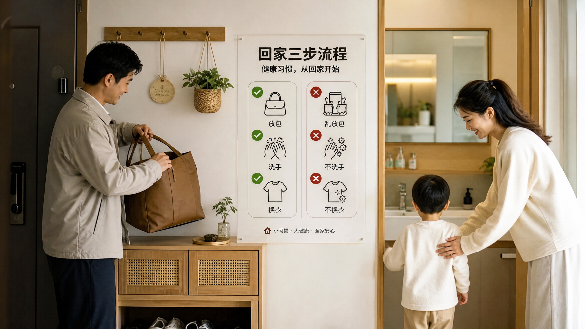 中国年轻家庭入户玄关场景，一位中国年轻爸爸刚进门正在把包放在玄关置物台上，旁边墙上贴着一张简洁的“回