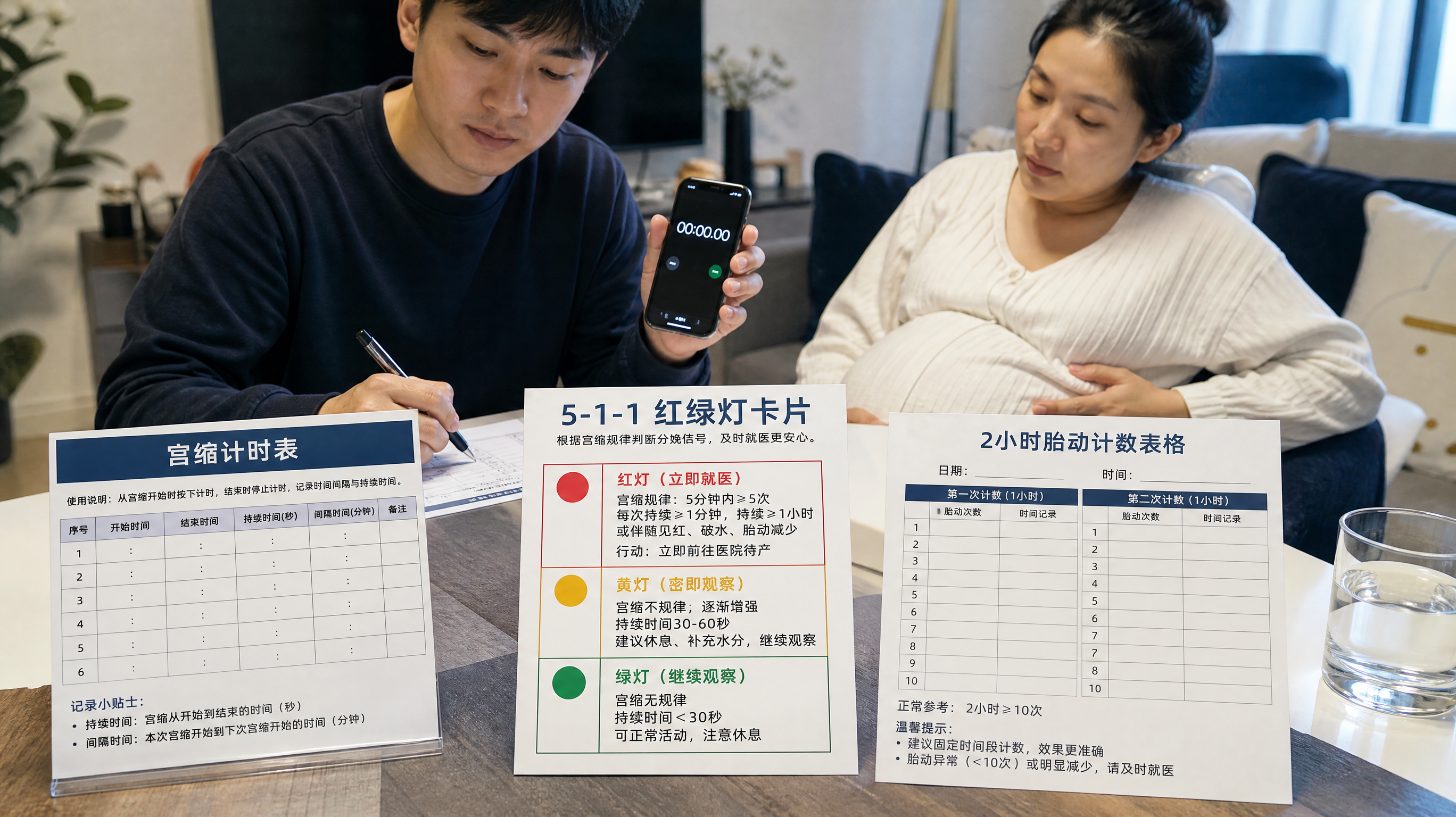 中国年轻准爸爸与孕晚期中国孕妈在家庭客厅的餐桌旁，准爸爸拿着手机计时器认真记录宫缩时间，桌面放着一张