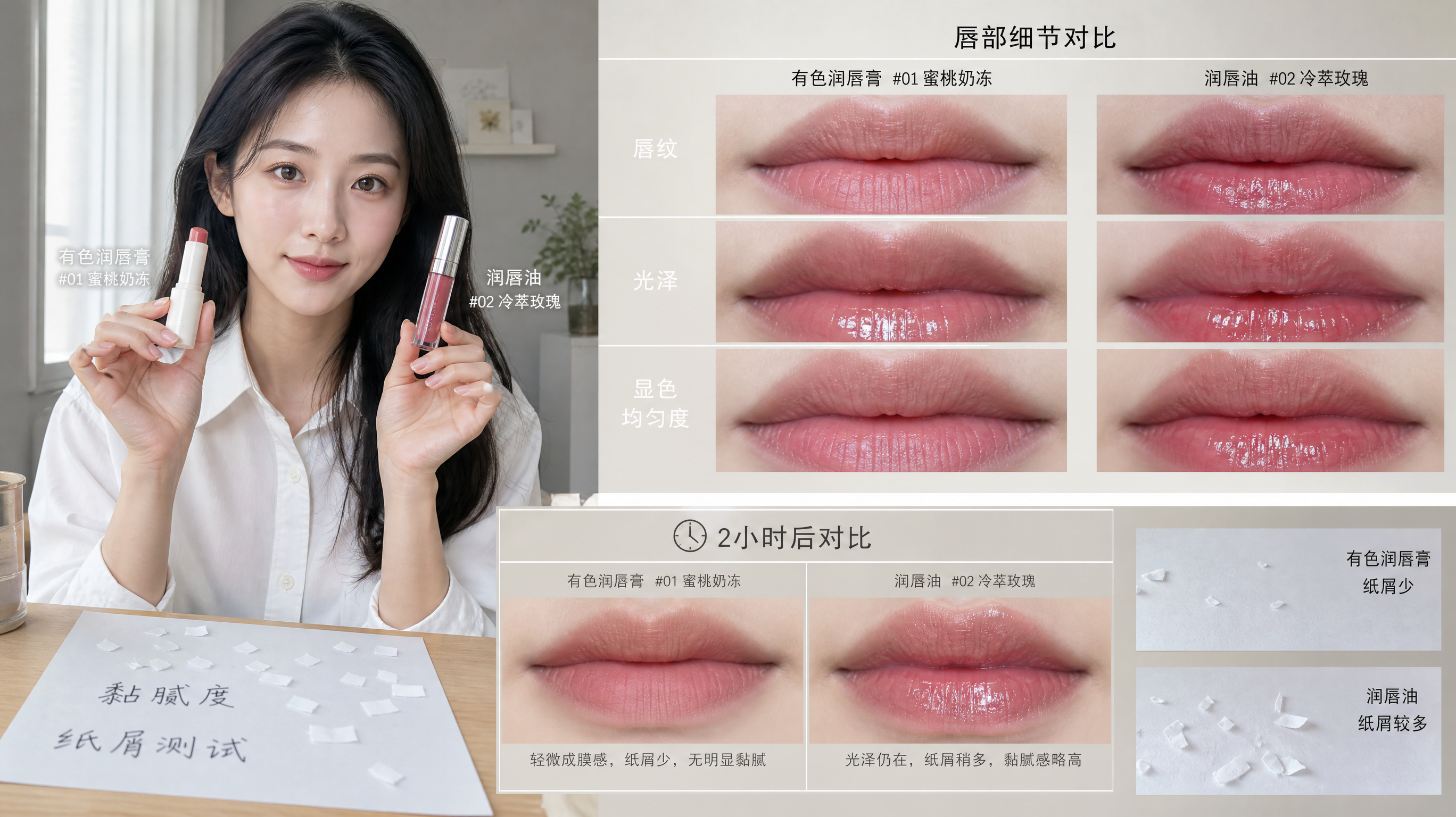 中国年轻女性,穿白衬衫,在窗边自然光下进行唇部产品对比测评,人物手持两支不同质地的有色润唇膏与唇油,