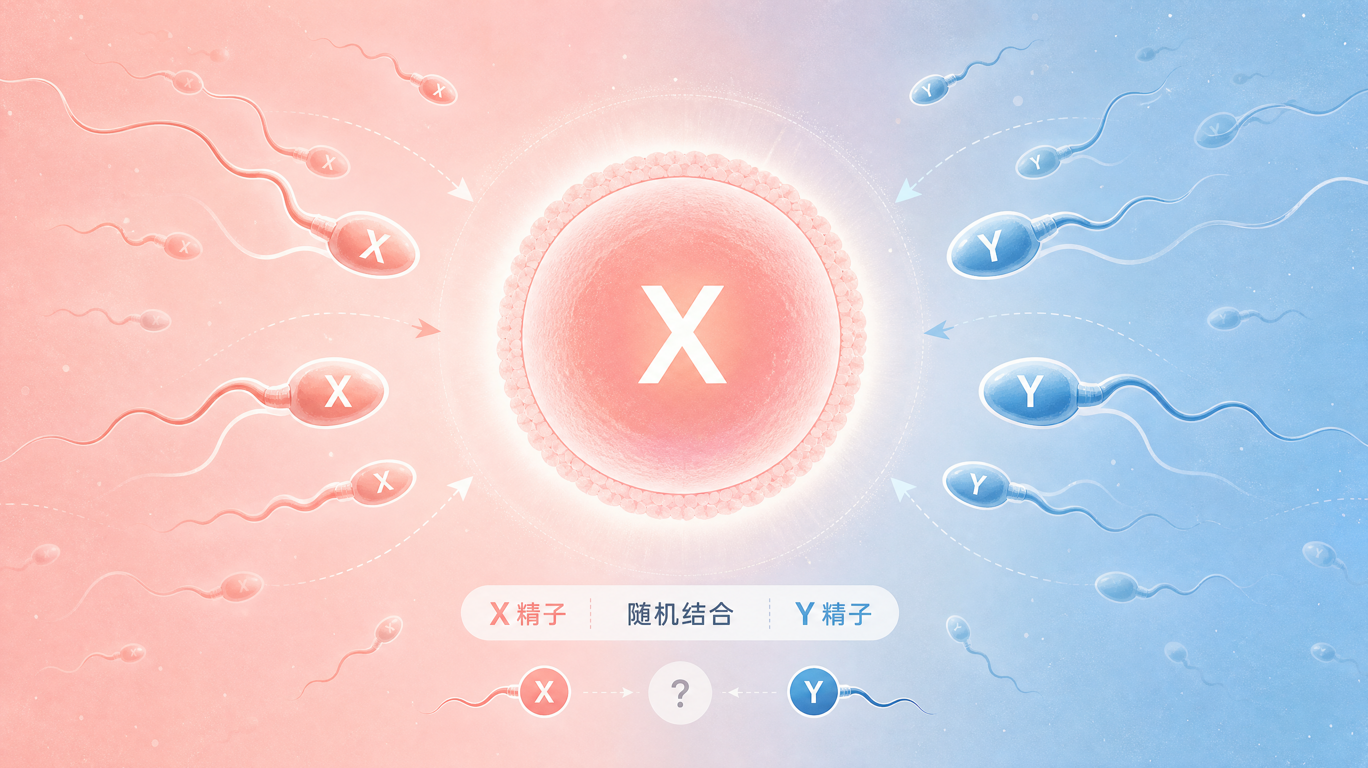 医学科普插画风格,画面中心为一个发光的卵子标注“X”,周围有两种精子分别标注“X”和“Y”,精子像抽
