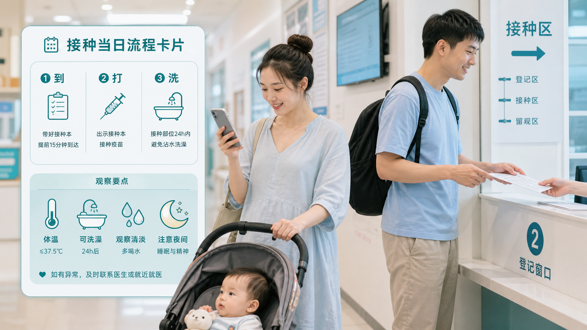 中国年轻妈妈抱着中国婴儿在社区门诊接种日场景中，画面主体为“接种当日流程卡片”风格的信息图视觉呈现（