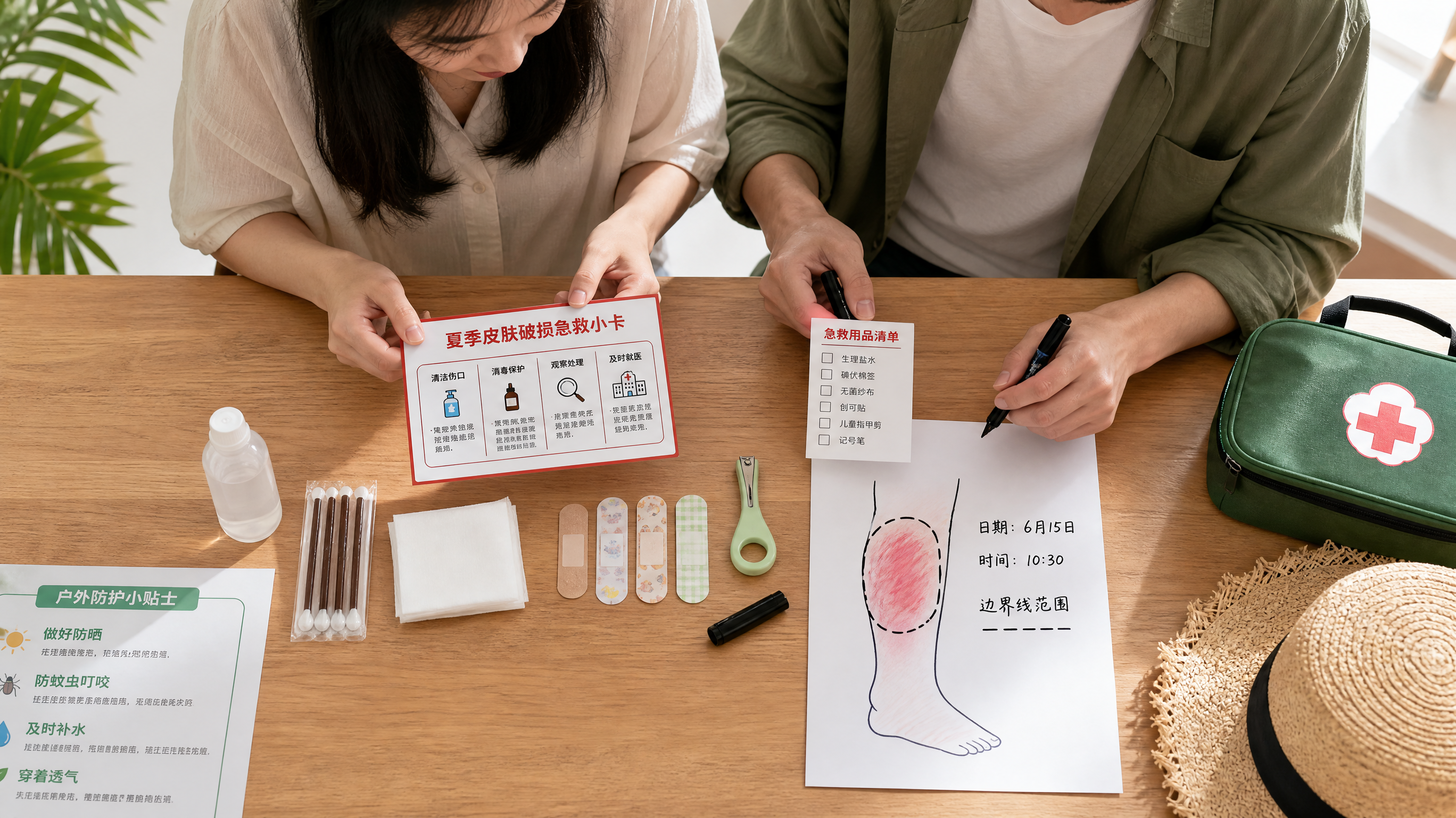 俯拍构图,中国年轻父母在明亮的家庭餐桌上整理“夏季皮肤破损急救小卡”和急救用品平铺:生理盐水小瓶、碘
