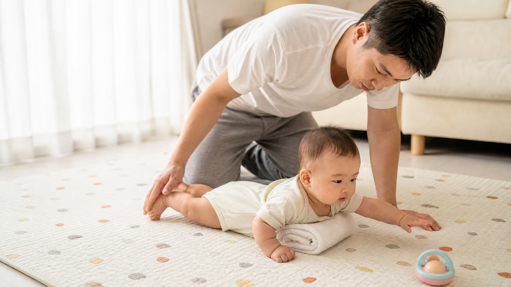 6-9个月趴着只会后退转圈？别拉手，先做这2步启动腹爬