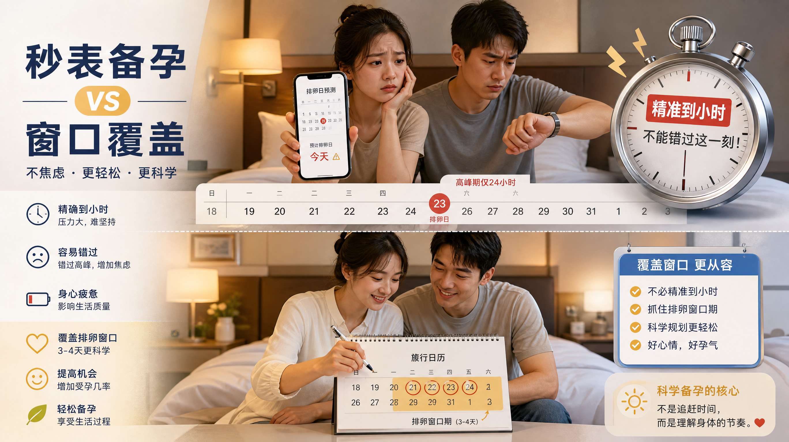 竖版信息图海报风格,主题为“秒表备孕 vs 窗口覆盖”,画面上半部分为中国年轻夫妻在酒店房间内,女性