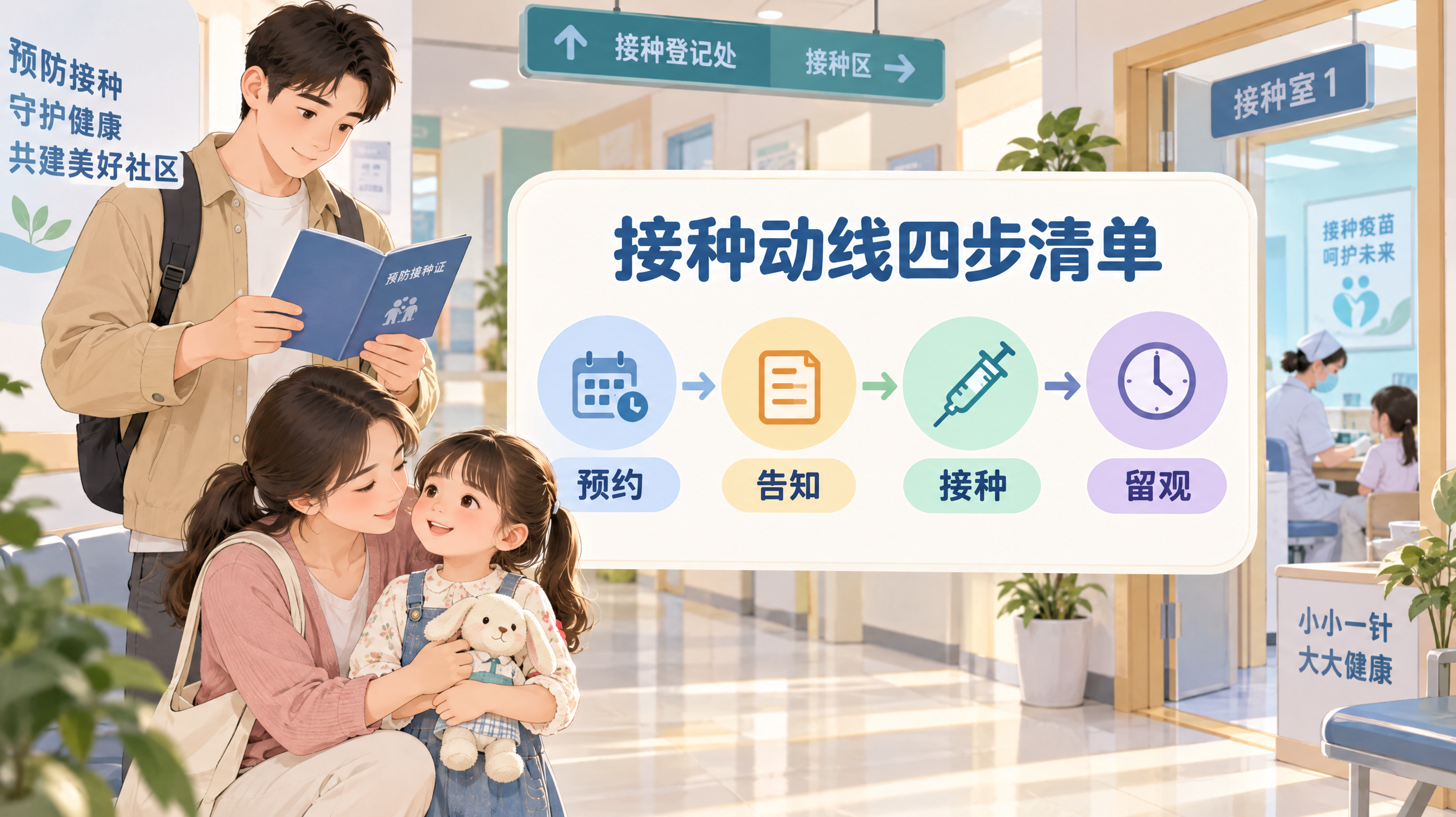 中国社区疫苗门诊场景，暖色但不幼稚的插画风格，画面中心是一张“接种动线四步清单”卡片，卡片用箭头标注