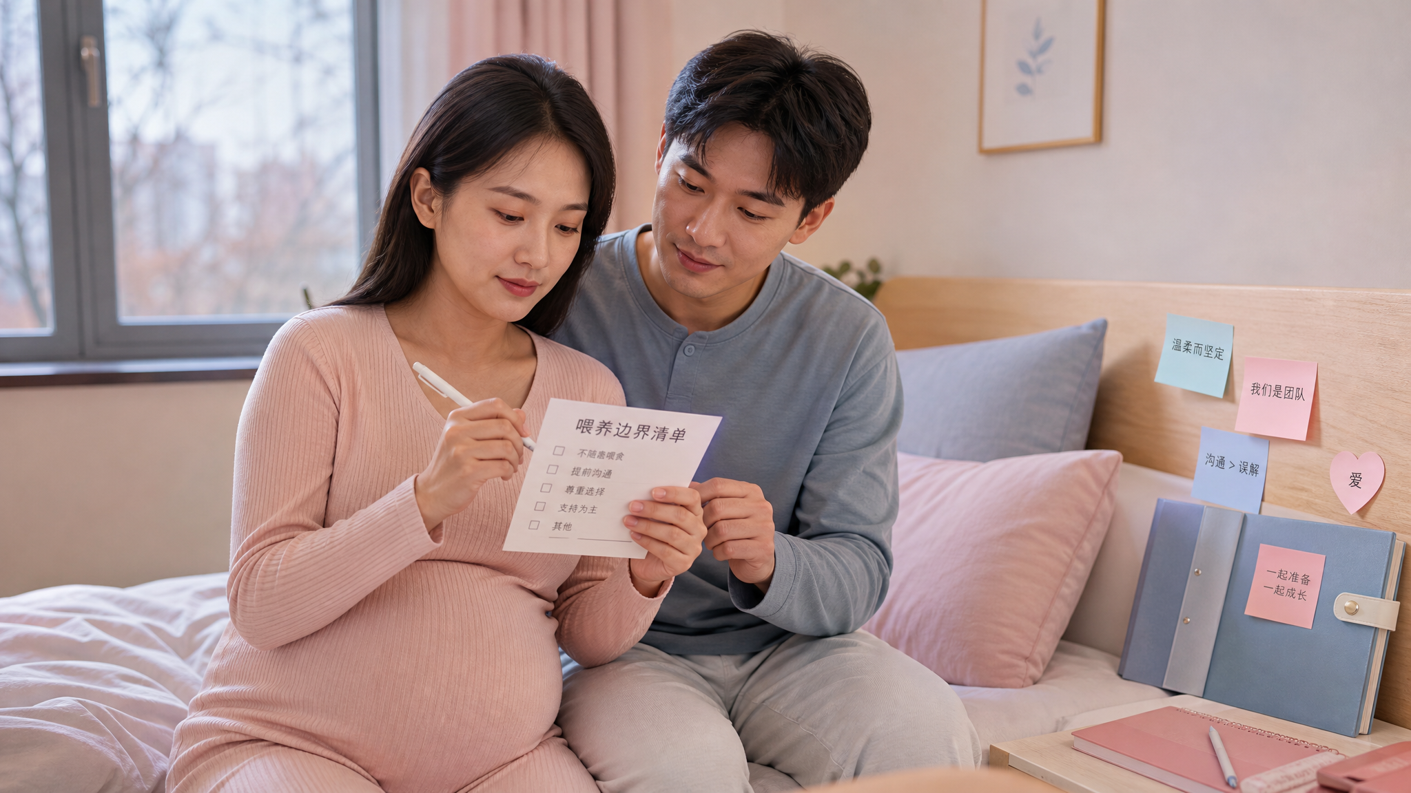 中国年轻孕晚期妈妈坐在卧室床边，穿柔软家居服，手里拿着一张“喂养边界清单”小卡片认真填写，旁边中国年