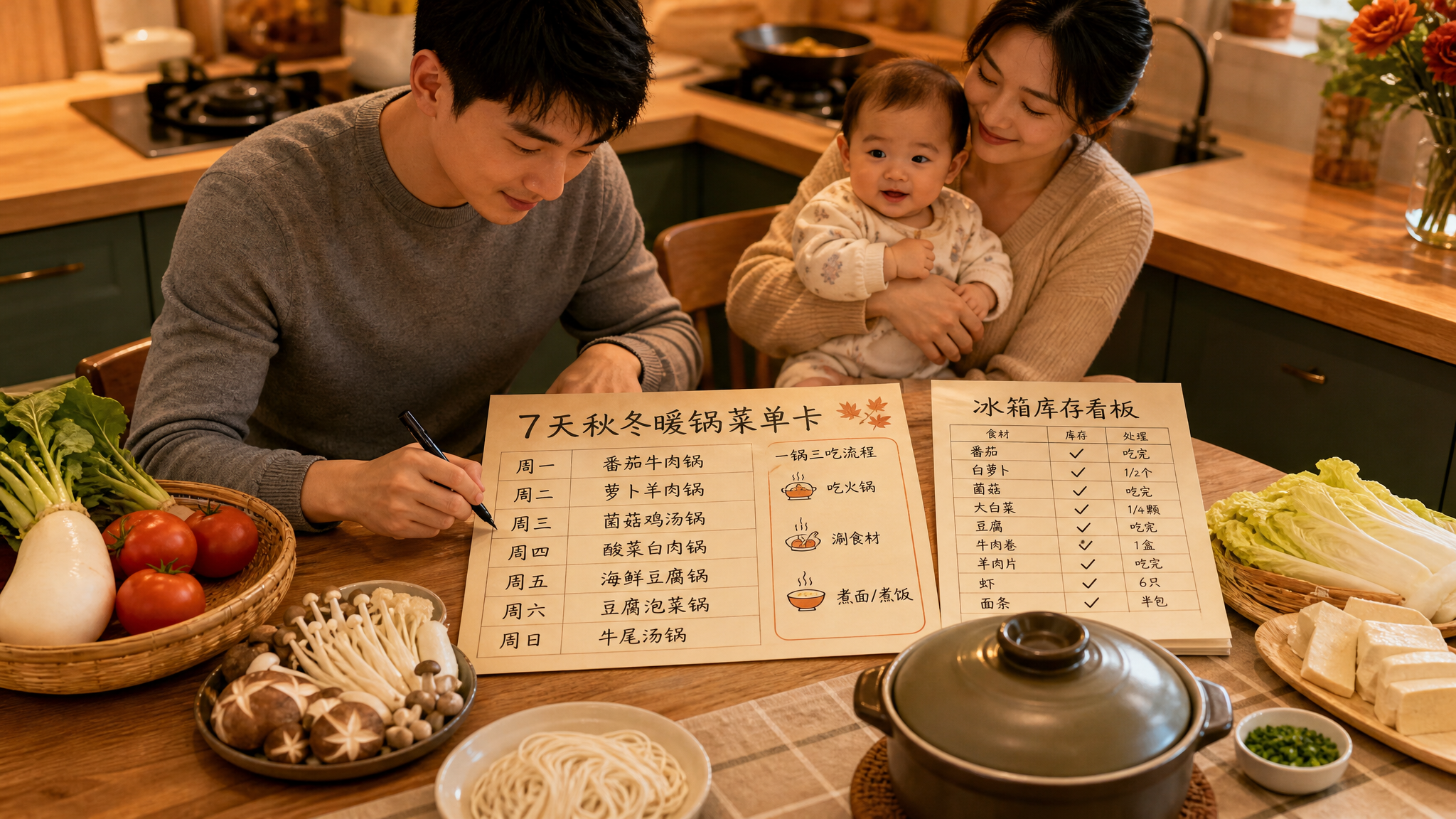 中国年轻三口之家厨房场景，爸爸在餐桌前用笔填写“7天秋冬暖锅菜单卡”，旁边贴着“冰箱库存看板”用打勾