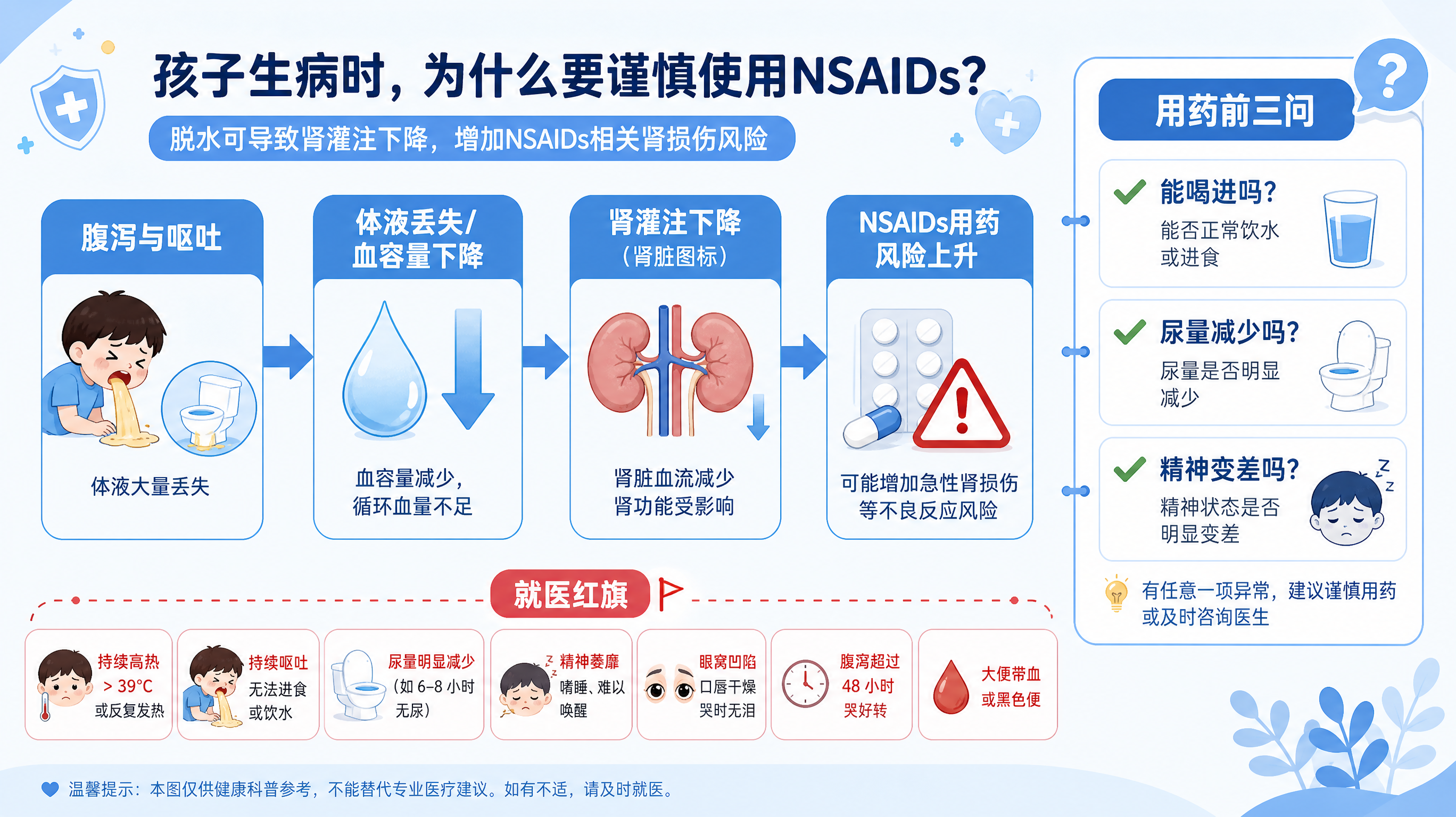 蓝色系医疗科普插画风格，画面中央为清晰机制链路图：腹泻与呕吐图标指向“体液丢失/血容量下降”，再指向
