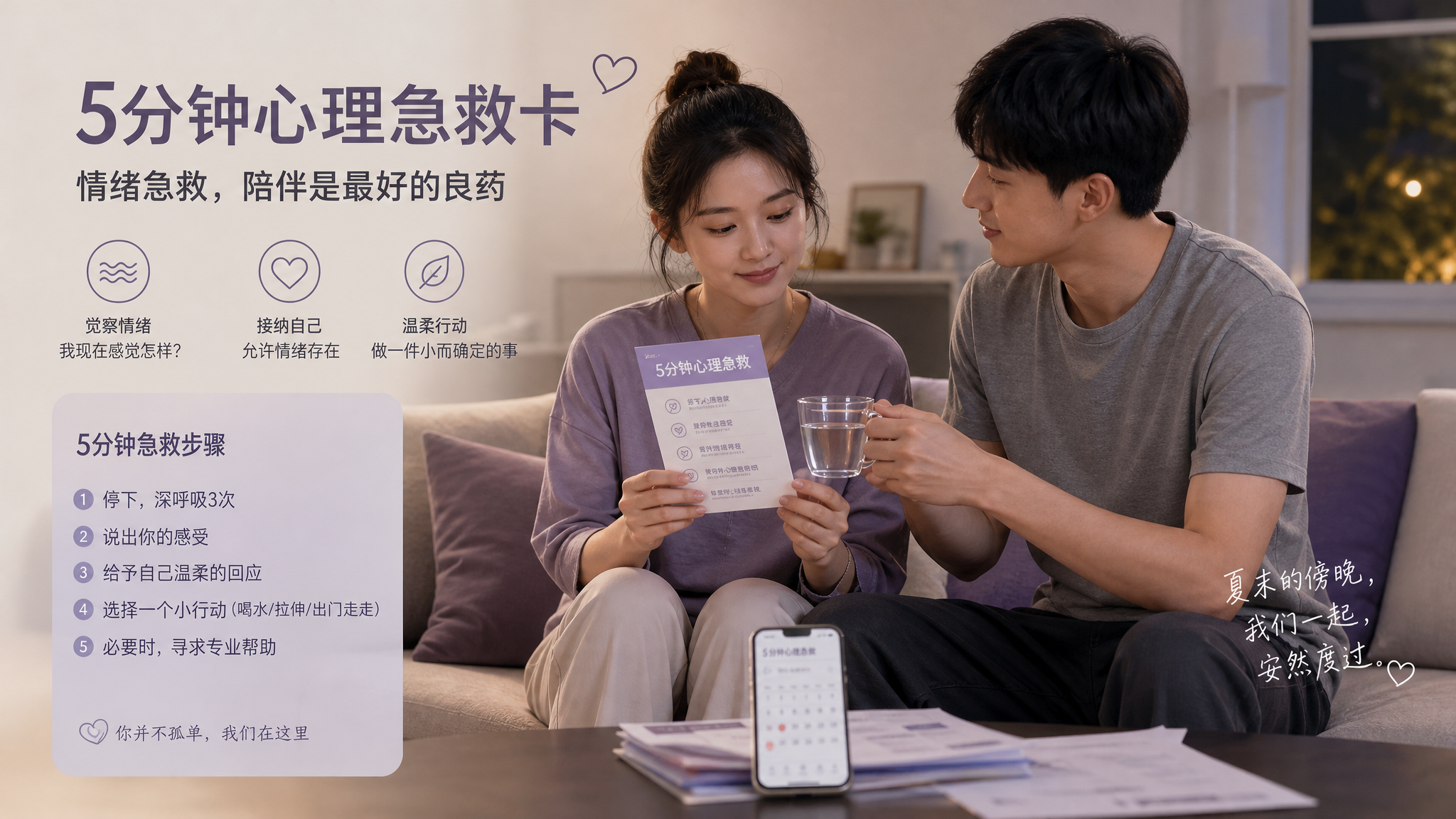 中国年轻夫妻在夏末闷热的傍晚室内客厅,女生坐在沙发上手握一张“5分钟心理急救”卡片,男生坐在旁边递上