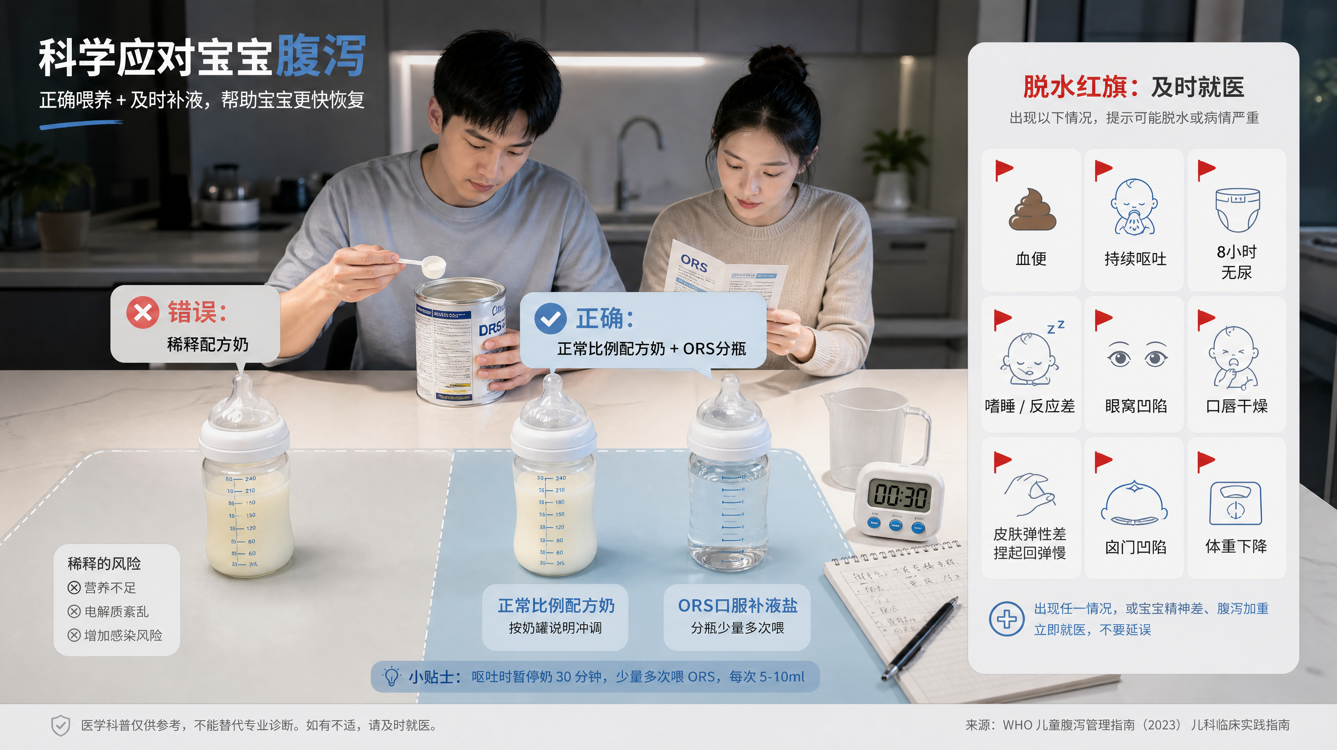 医疗科普信息图风格画面，中国年轻父母在家中夜间厨房场景，台面上清晰分区摆放两只奶瓶：左侧标注“错误：