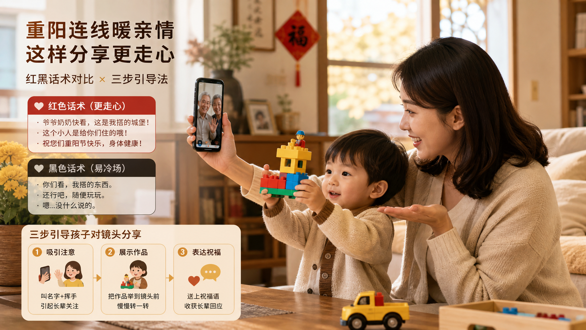 中国家庭客厅场景,重阳节温暖氛围,中国年轻妈妈坐在沙发旁,手持手机与爷爷奶奶视频通话,屏幕中隐约可见