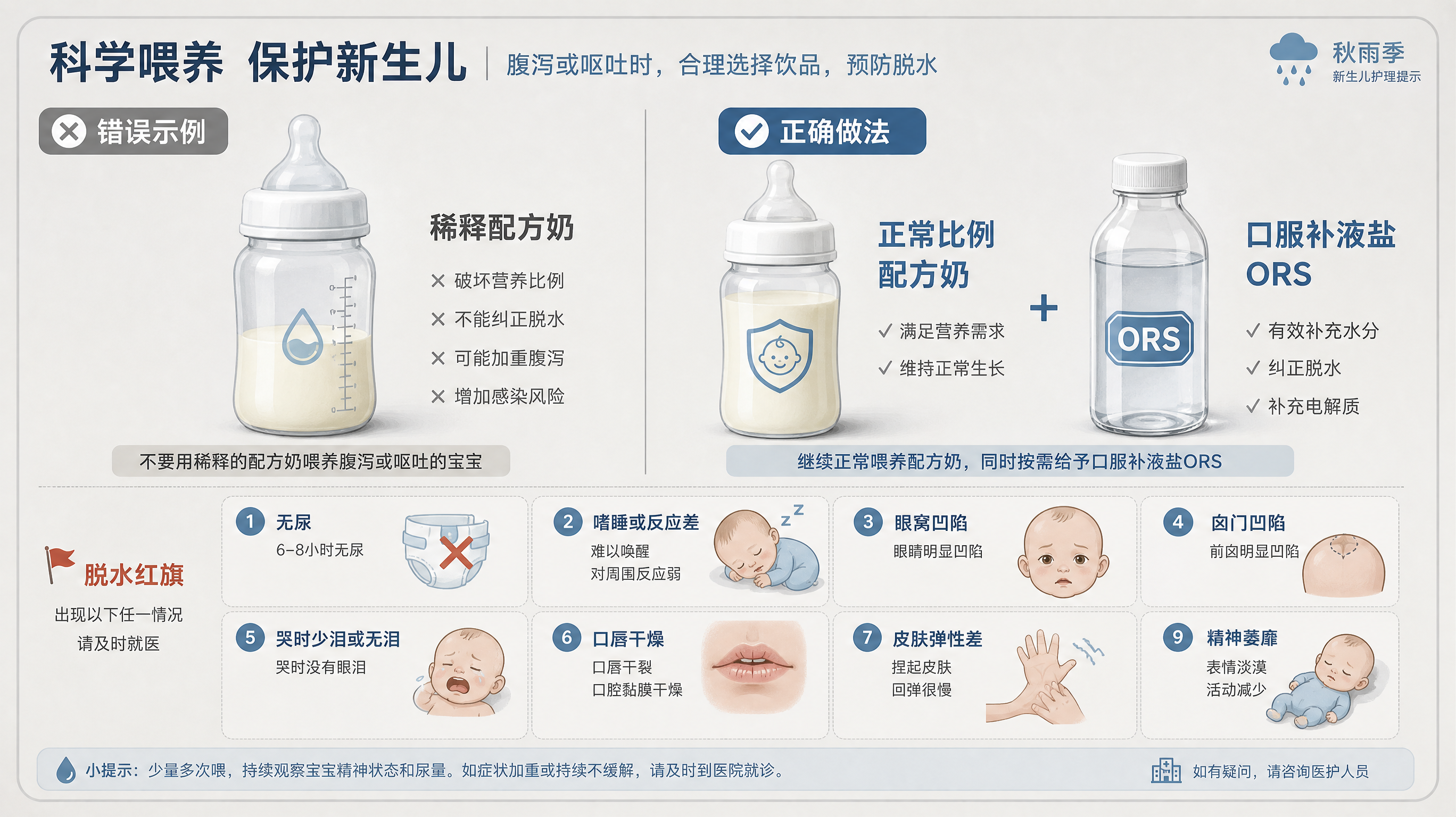 医用信息图风格的画面,中国新生儿护理主题,画面分左右对比构图:左侧是一只标注“稀释配方奶”的奶瓶作为