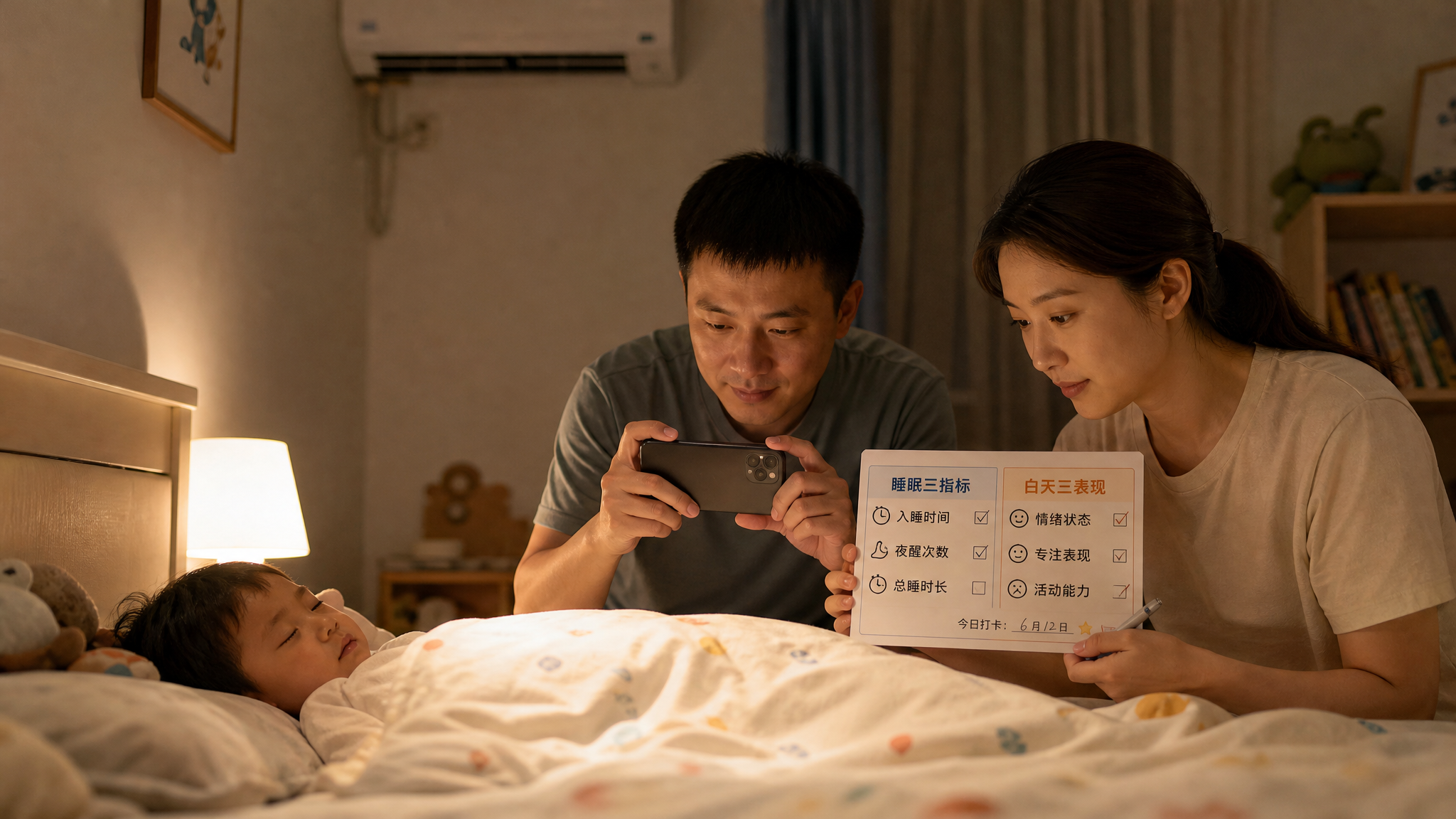 中国年轻父母在夜晚温馨的儿童卧室里观察熟睡的中国学龄前儿童，父亲拿着手机进行睡眠录音/视频记录，母亲