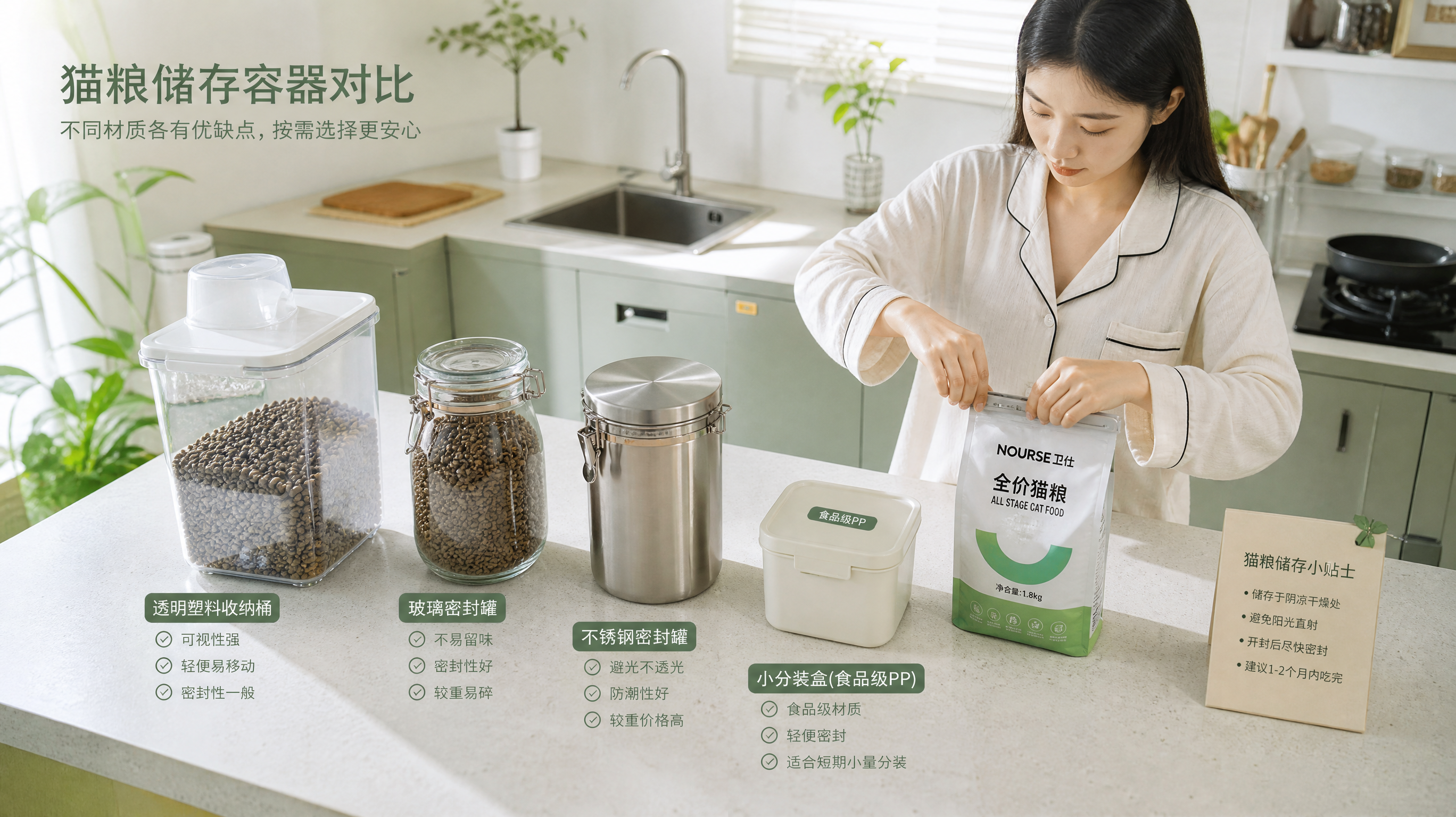 中国年轻女性在家中明亮整洁的厨房台面上进行猫粮分装对比示范,人物穿着简洁家居服,正在把猫粮从原包装挤