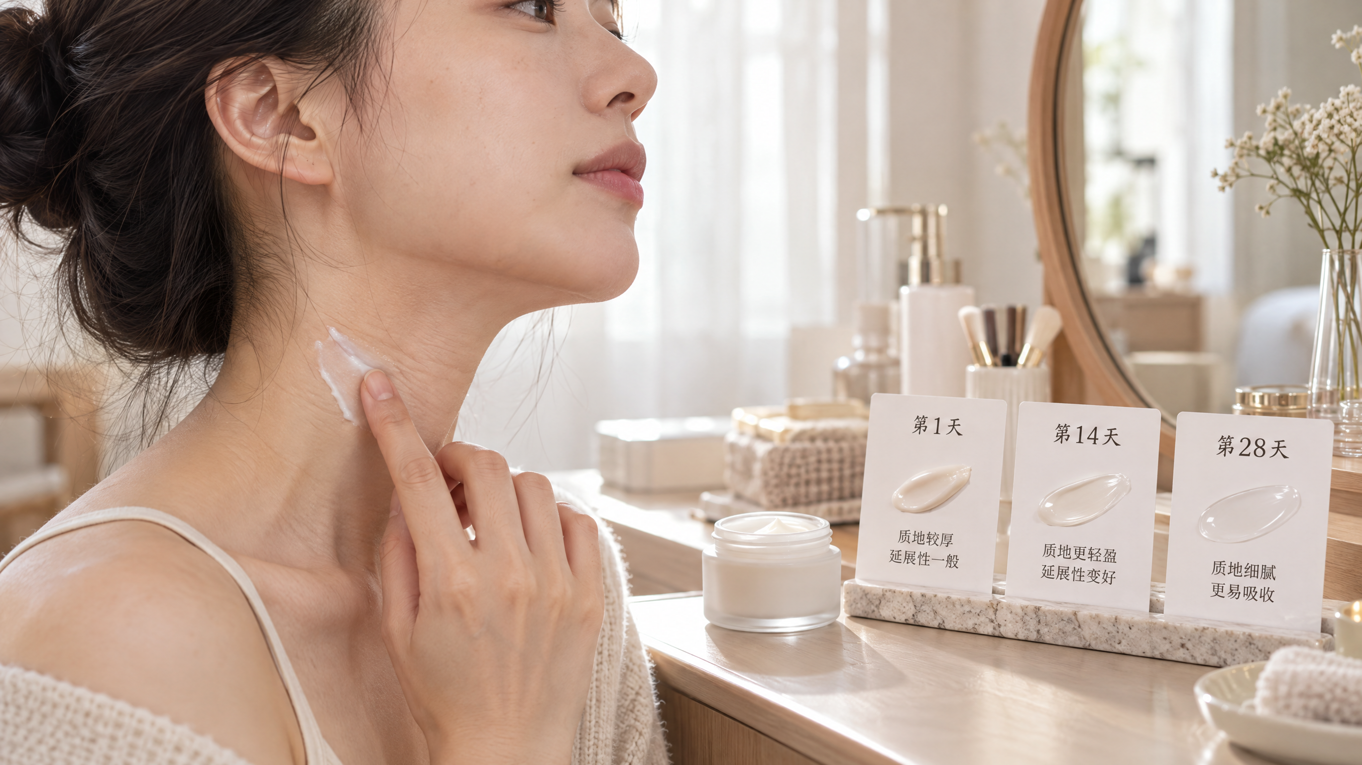 中国年轻女性在家中梳妆台前进行颈部护理对比记录,人物侧脸与颈部特写,手指在颈部轻柔涂抹无香颈霜/颈部