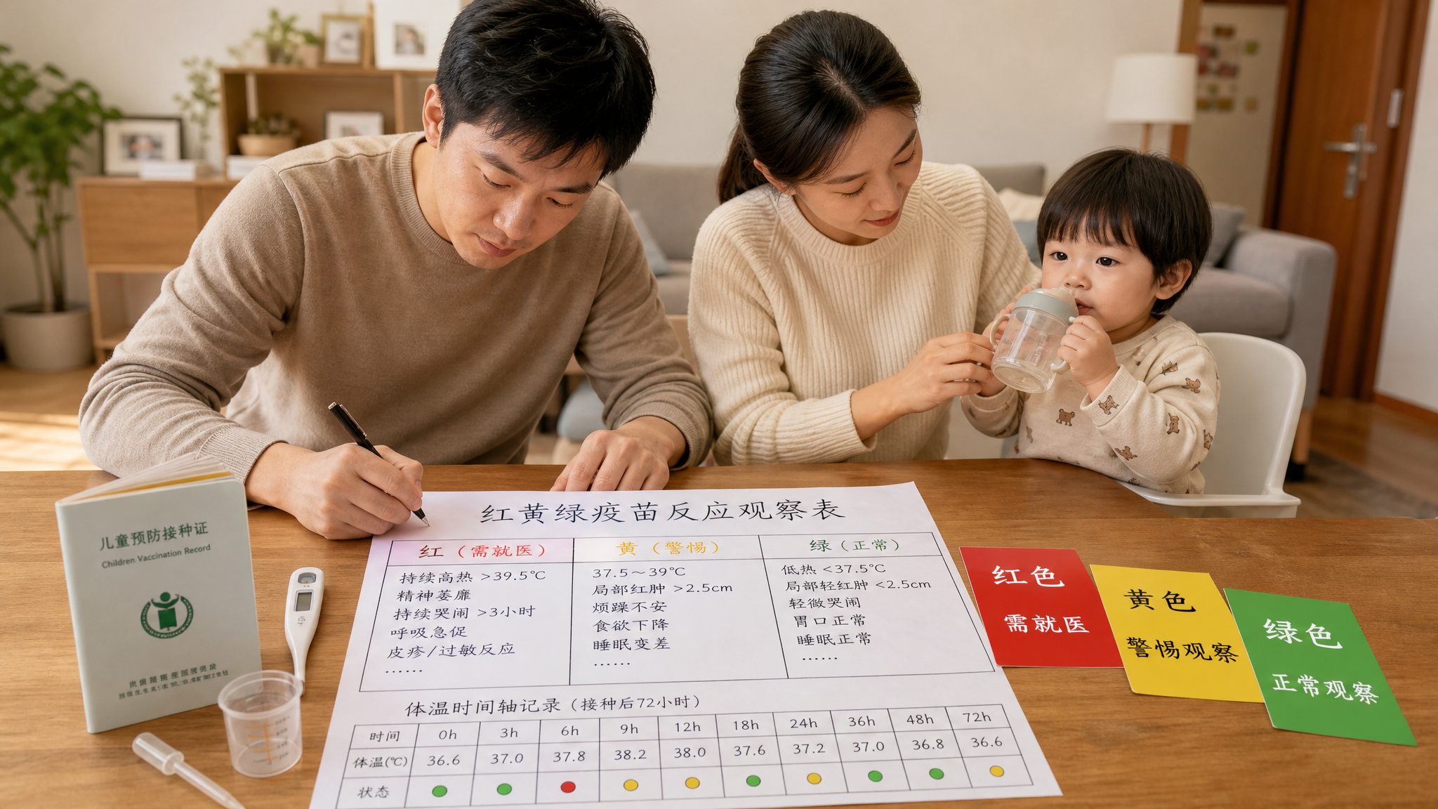 中国年轻父母在家中客厅的餐桌旁,桌上放着儿童接种本、体温计、计量滴管/量杯和一张手写的“红黄绿疫苗反