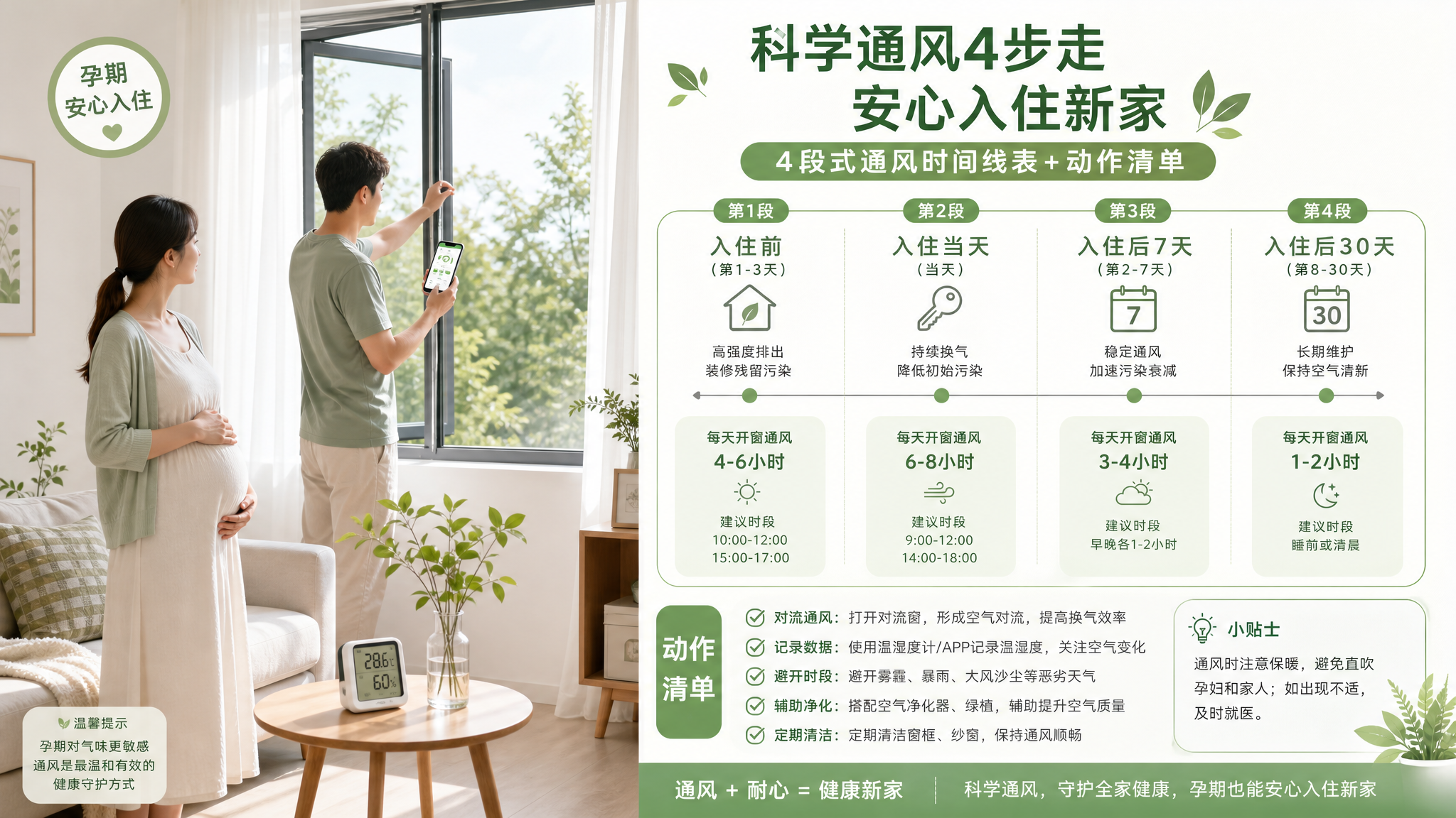 绿白清新配色的信息图海报风格,场景为中国家庭新房客厅,画面中一位中国孕妇站在窗边不直接闻味道、轻扶腹