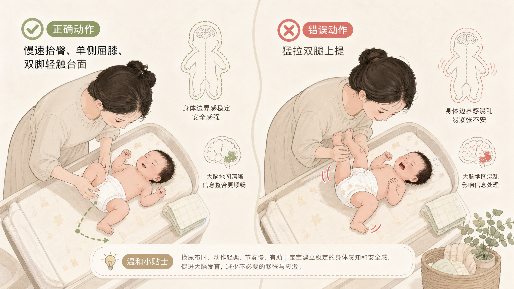 莫兰迪燕麦色背景的手绘条漫风插画，俯视视角的换尿布台场景，中国年轻妈妈给中国新生儿换尿布，画面分为左