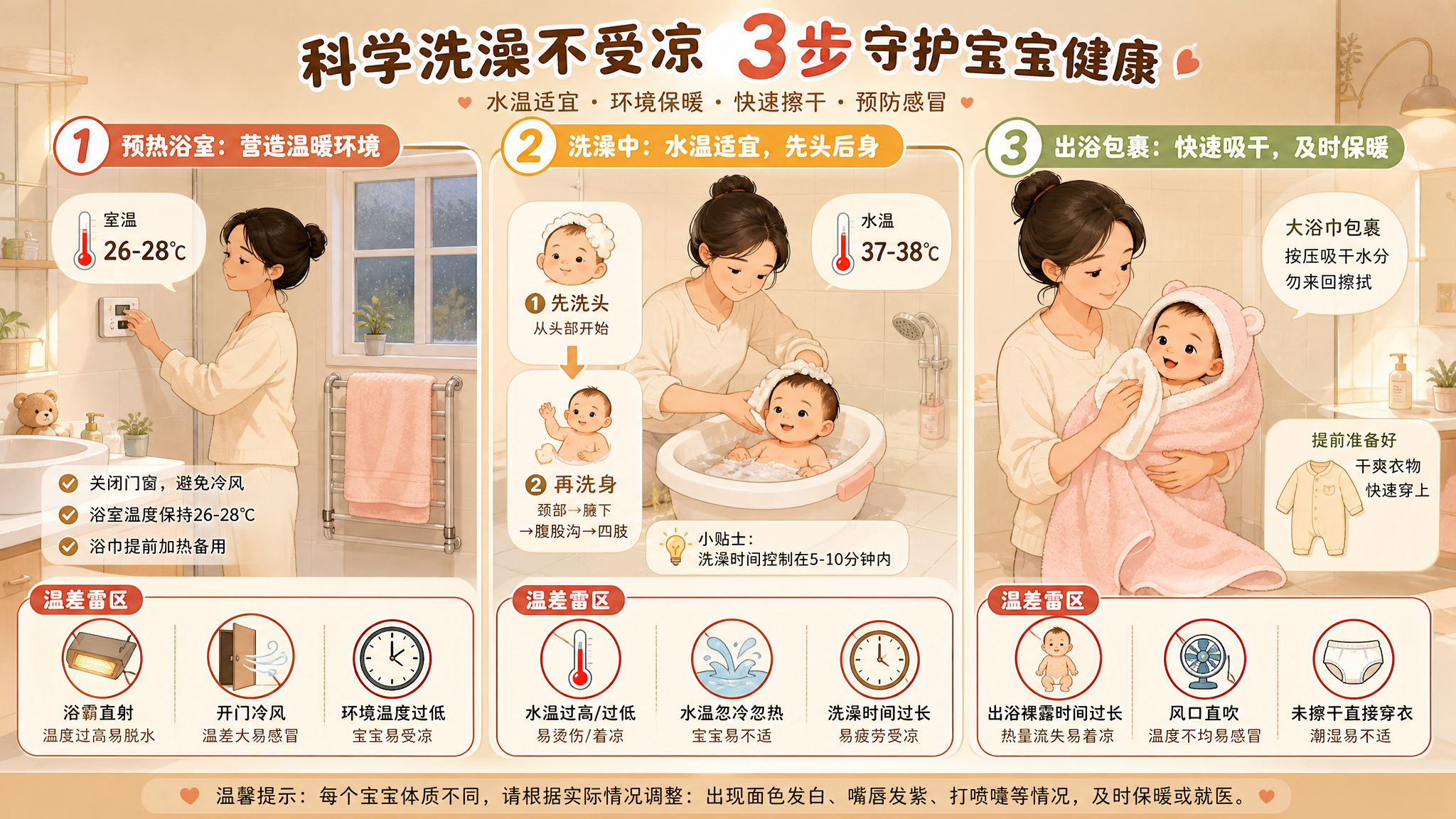 温暖色调的育儿科普插画风格画面，中国年轻妈妈在家庭浴室里给中国婴儿洗澡的流程示意，画面分为三段流程：